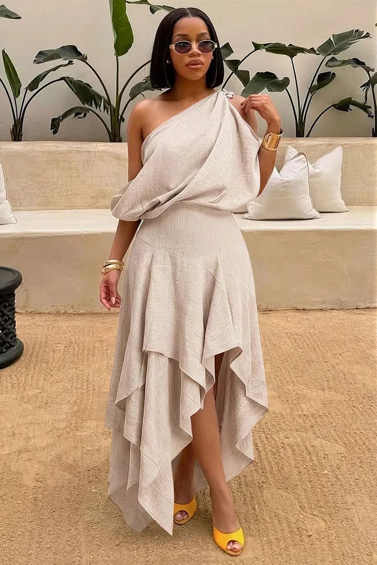 Beige cotton linen one shoulder oversized dress, Close-Up Take Beige cotton linen one shoulder oversized dress, Close-Up Take — One Shoulder Dresses