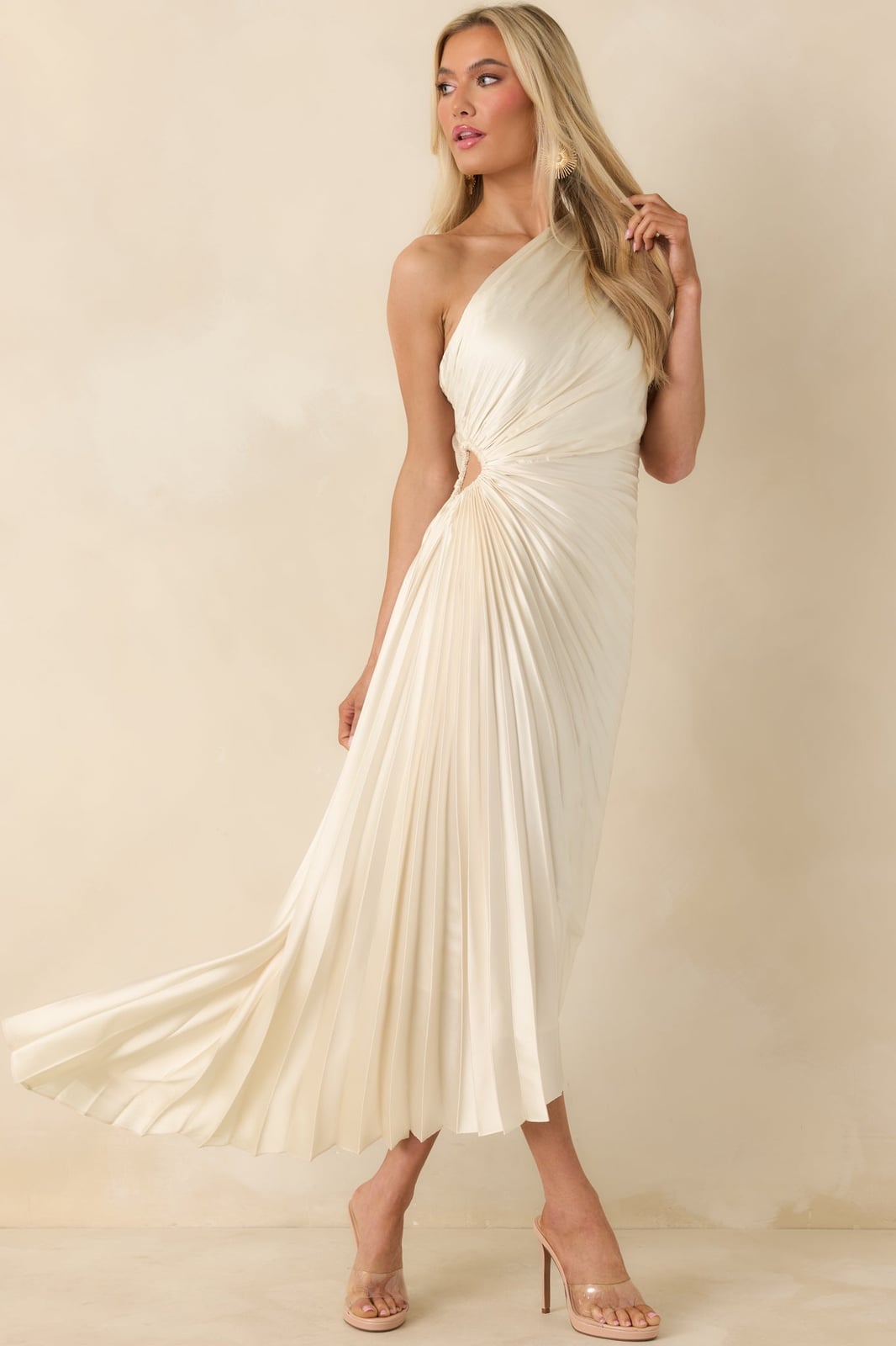 Ivory one shoulder asymmetric midi dress with pleated skirt Ivory one shoulder asymmetric midi dress with pleated skirt — One Shoulder Dresses