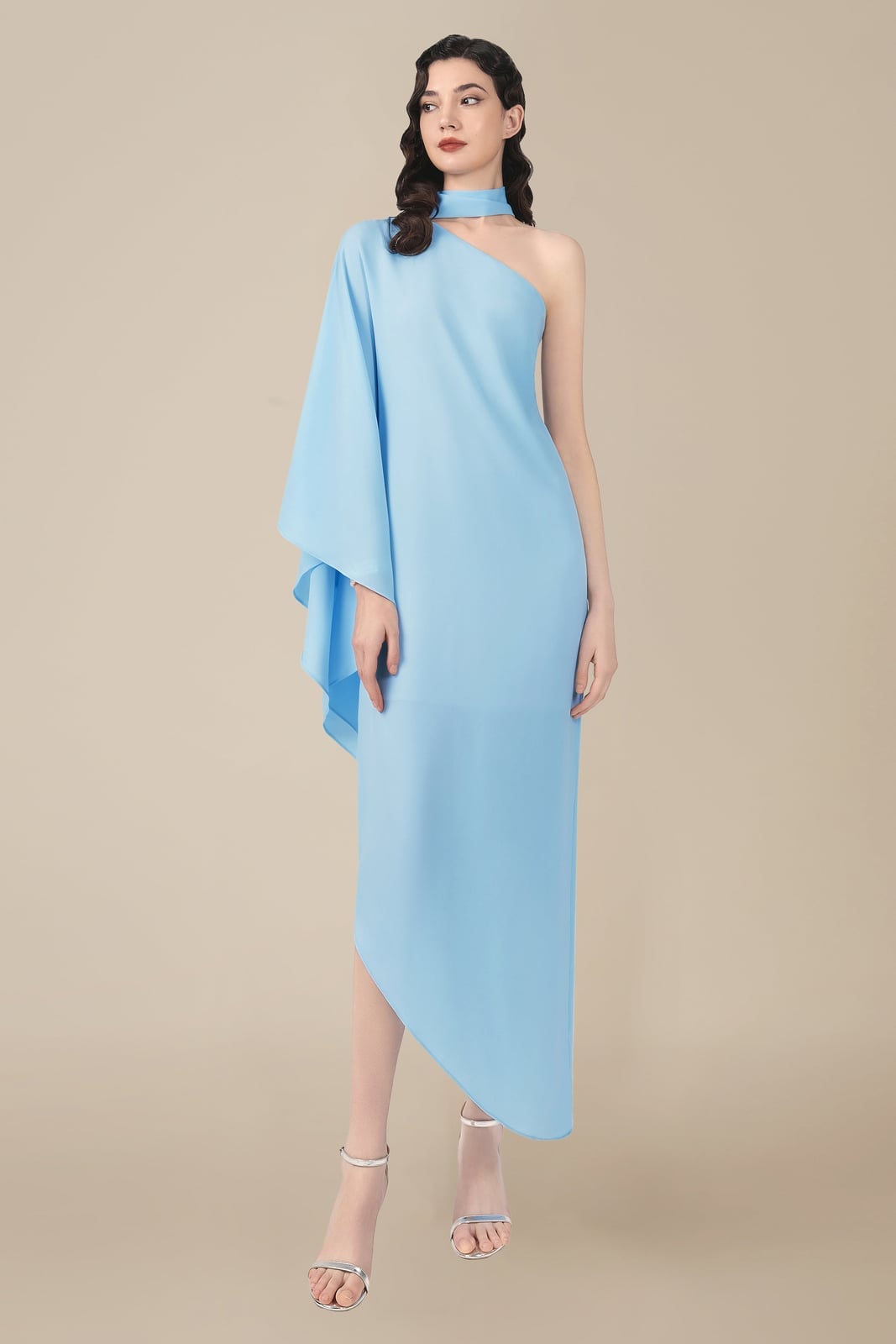 Light blue crepe one shoulder dress with asymmetrical draped sleeve Light blue crepe one shoulder dress with asymmetrical draped sleeve — One Shoulder Dresses