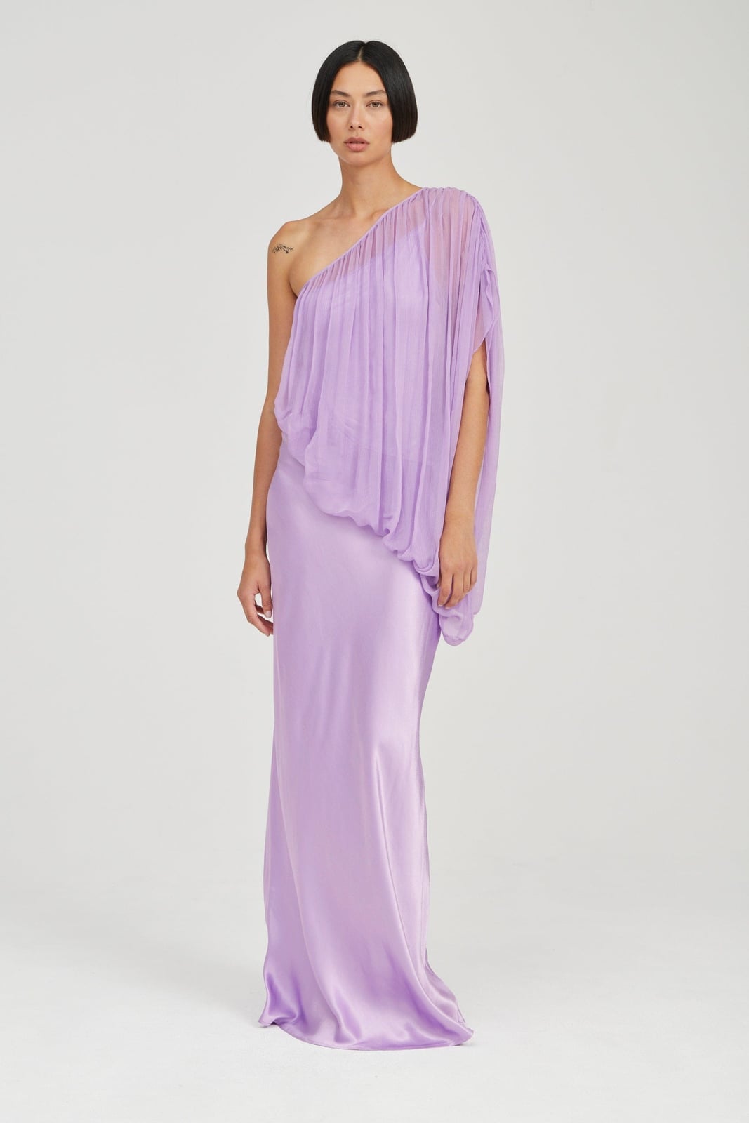 Lavender one shoulder satin dress with draped chiffon overlay Lavender one shoulder satin dress with draped chiffon overlay — One Shoulder Dresses