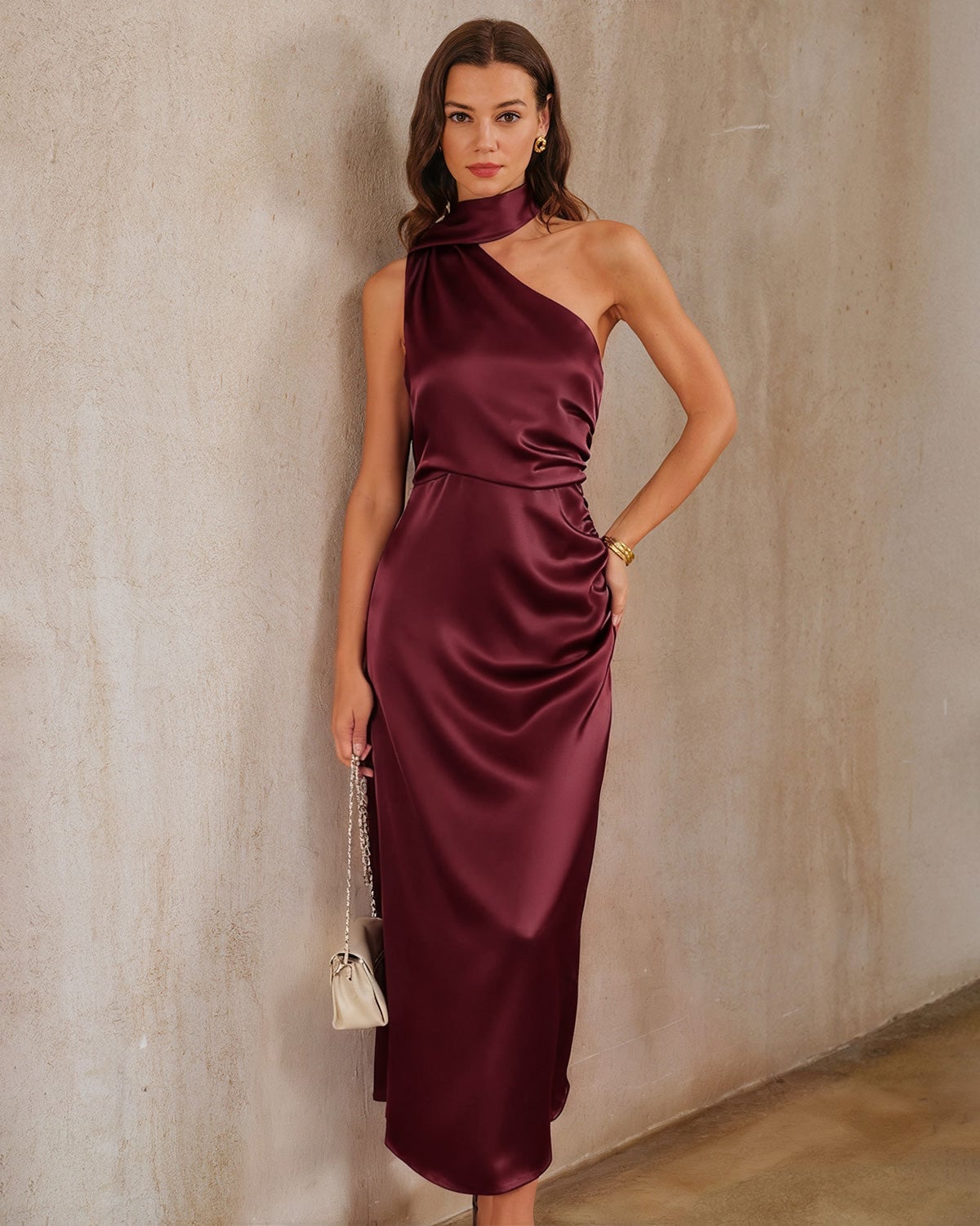 Deep red satin one shoulder dress with ruched detailing and high Deep red satin one shoulder dress with ruched detailing and high — One Shoulder Dresses