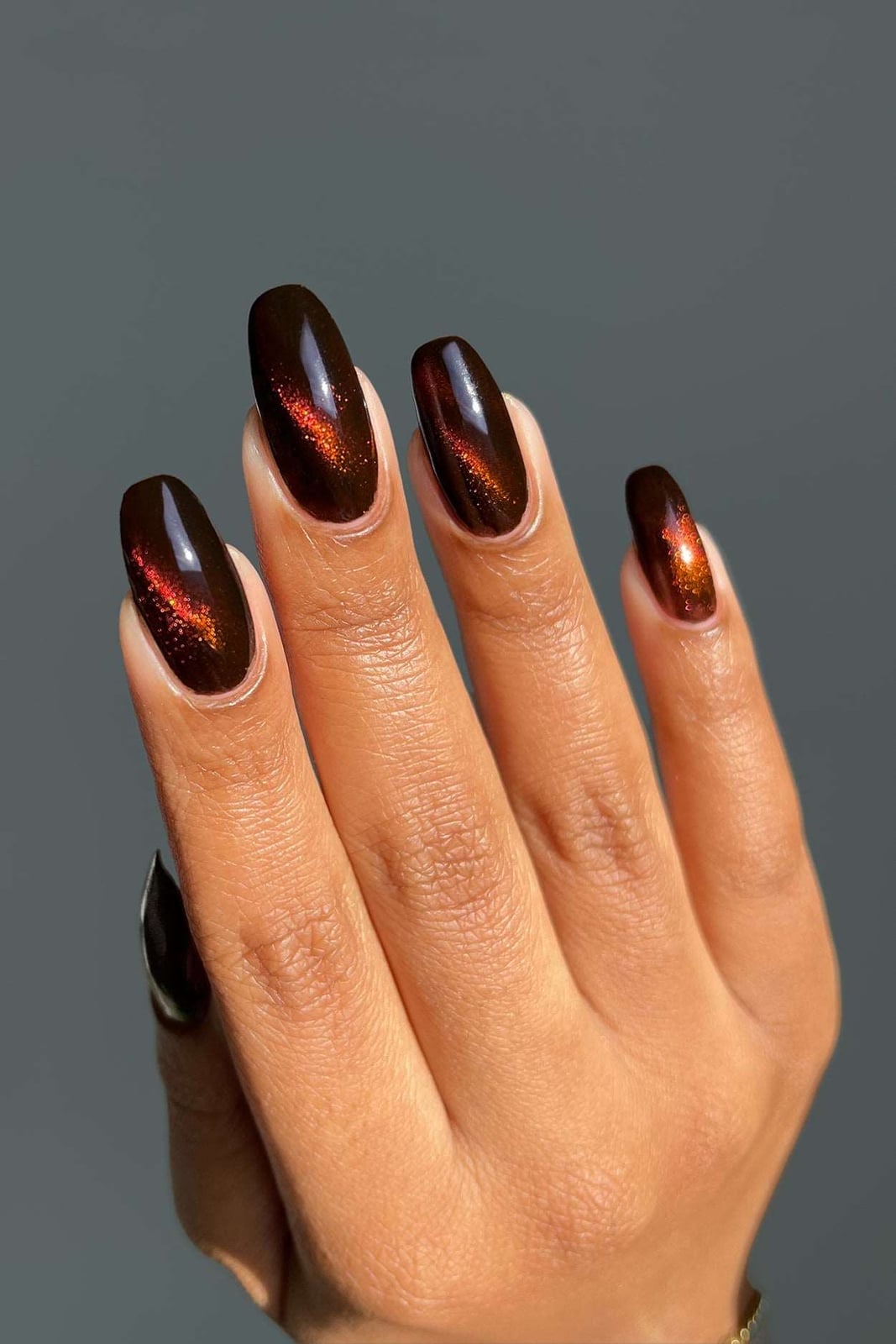 Medium Almond Dark Brown Red Orange Cat Eye Medium Almond Dark Brown Red Orange Cat Eye — Orange Cat Eye Nails