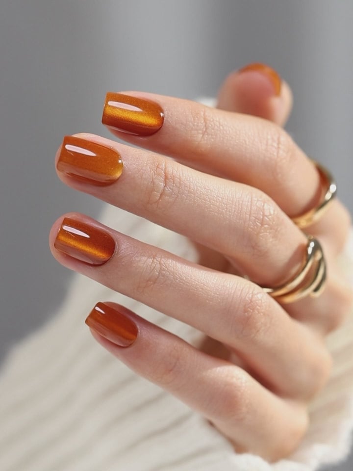 Short Square Vibrant Burnt Orange Cat Eye, Full Color Short Square Vibrant Burnt Orange Cat Eye, Full Color — Orange Cat Eye Nails