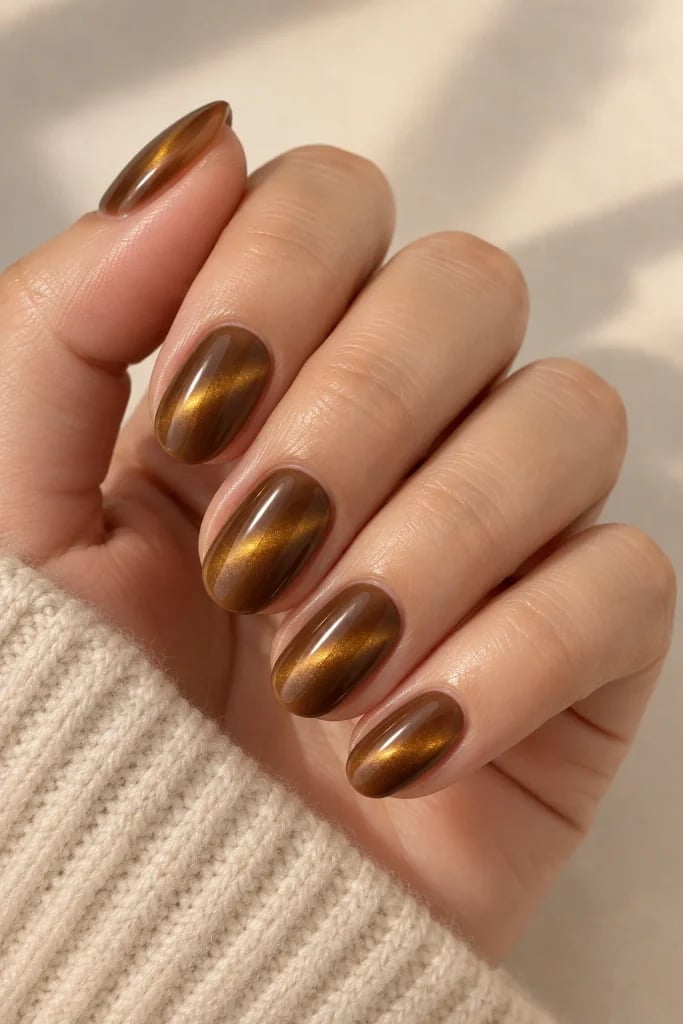 Short Oval Brown Gold Cat Eye, Drawing Full Attention To The Manicure Short Oval Brown Gold Cat Eye, Drawing Full Attention To The Manicure — Orange Cat Eye Nails