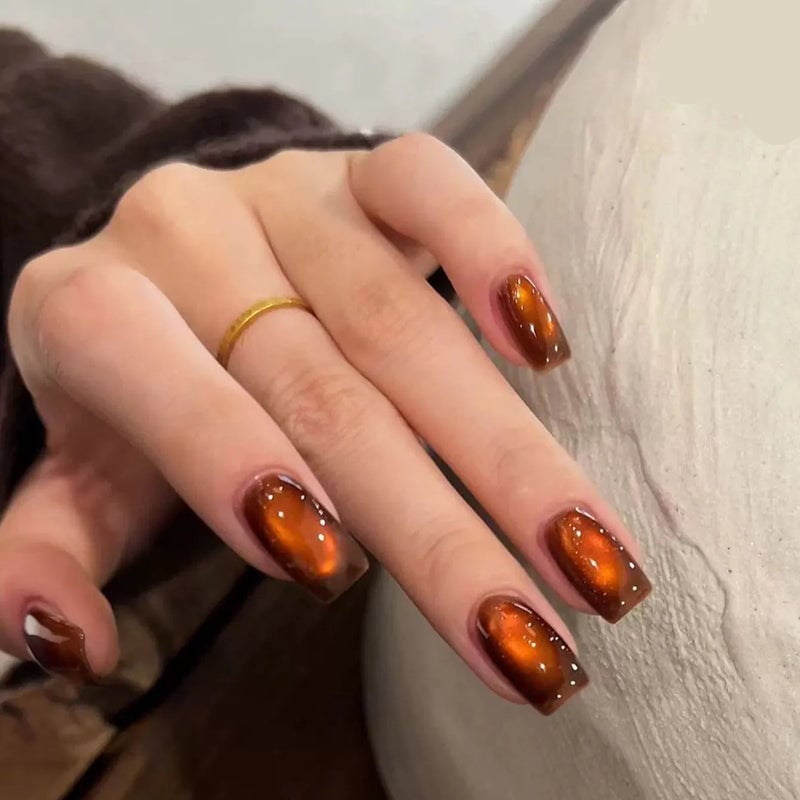 Short Almond Deep Orange Brown Cat Eye Short Almond Deep Orange Brown Cat Eye — Orange Cat Eye Nails