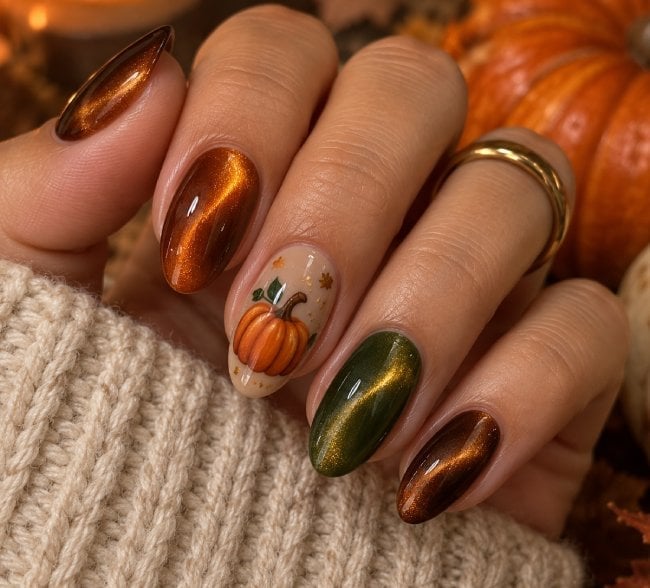 Short Almond Orange Green Cat Eye with Pumpkin Art Short Almond Orange Green Cat Eye with Pumpkin Art — Orange Cat Eye Nails