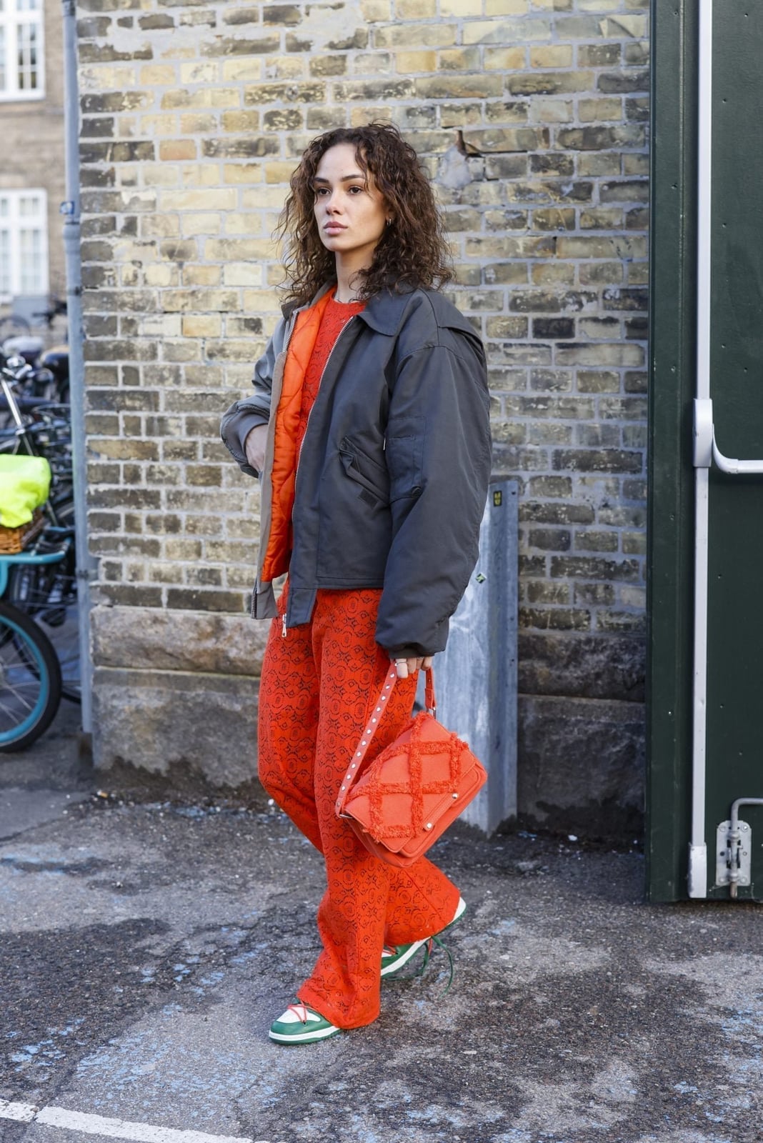 Patterned Orange Trousers with Bomber Jacket Patterned Orange Trousers with Bomber Jacket — Orange Outfits