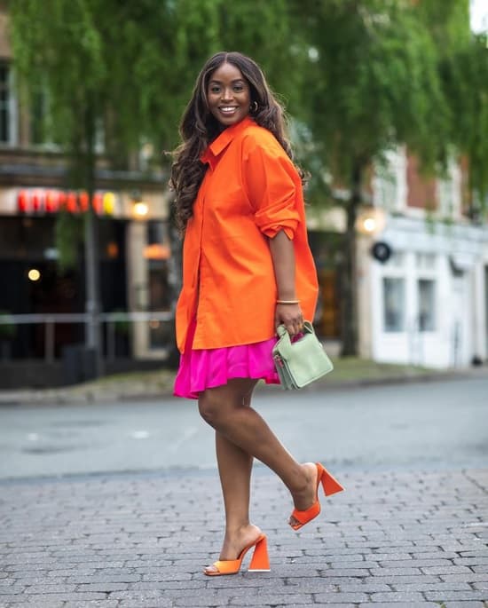 Oversized Orange Shirt with Pink Mini Skirt Oversized Orange Shirt with Pink Mini Skirt — Orange Outfits