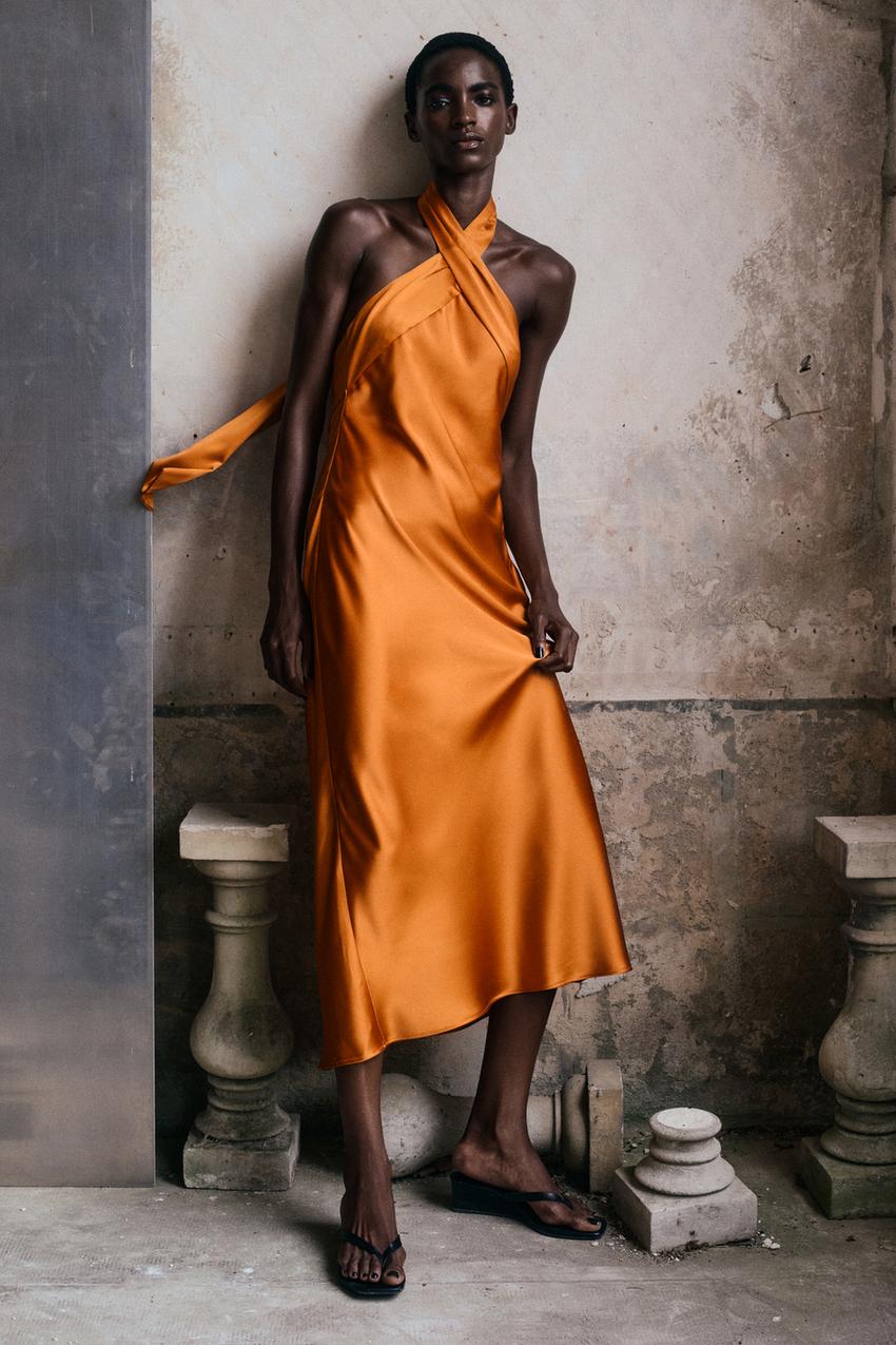 Satin Halter Midi Dress in Vibrant Orange Satin Halter Midi Dress in Vibrant Orange — Orange Outfits