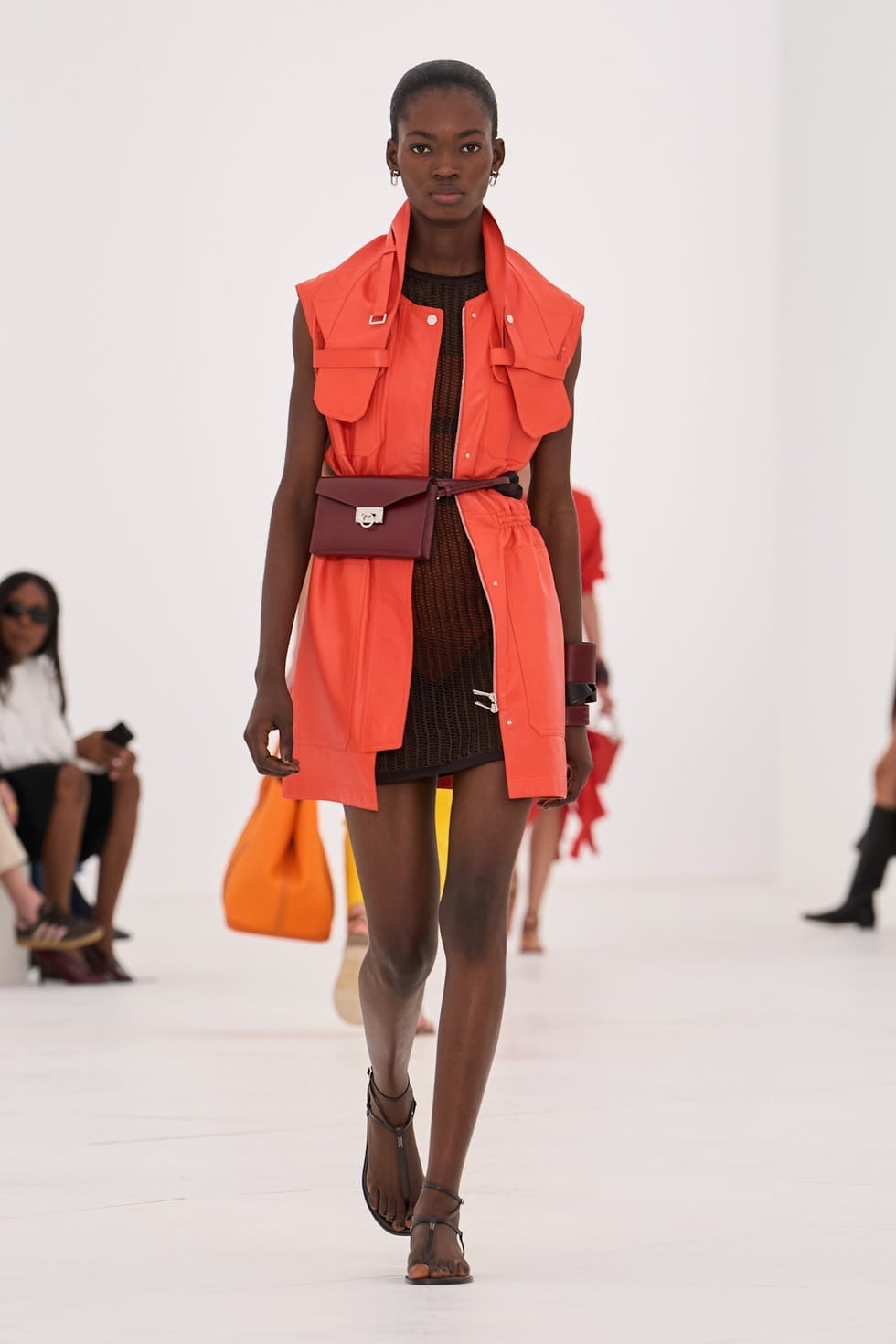 Orange Utility Vest Over Sheer Black Dress Orange Utility Vest Over Sheer Black Dress — Orange Outfits
