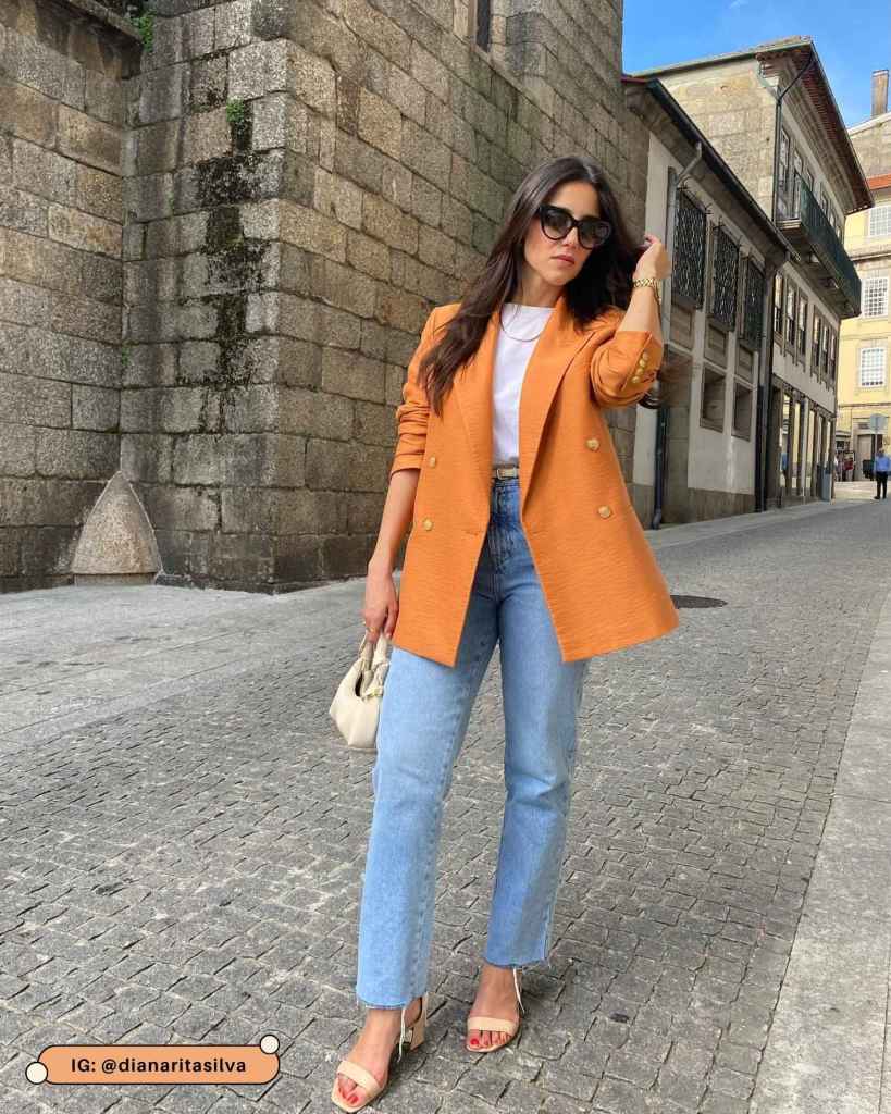 Textured Orange Blazer with Light Blue Jeans Textured Orange Blazer with Light Blue Jeans — Orange Outfits