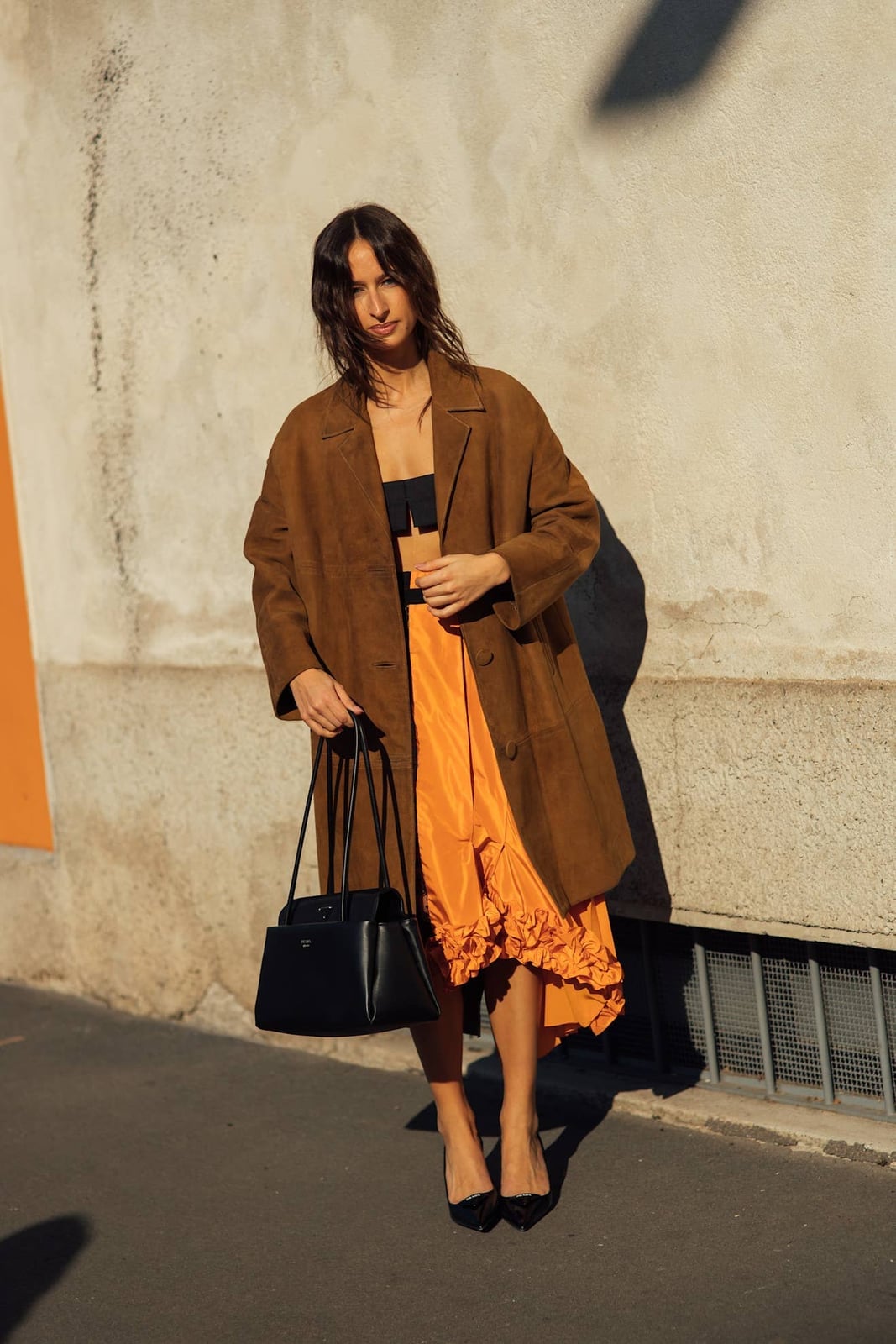 Textured Orange A-line Skirt with Suede Blazer Textured Orange A-line Skirt with Suede Blazer — Orange Outfits