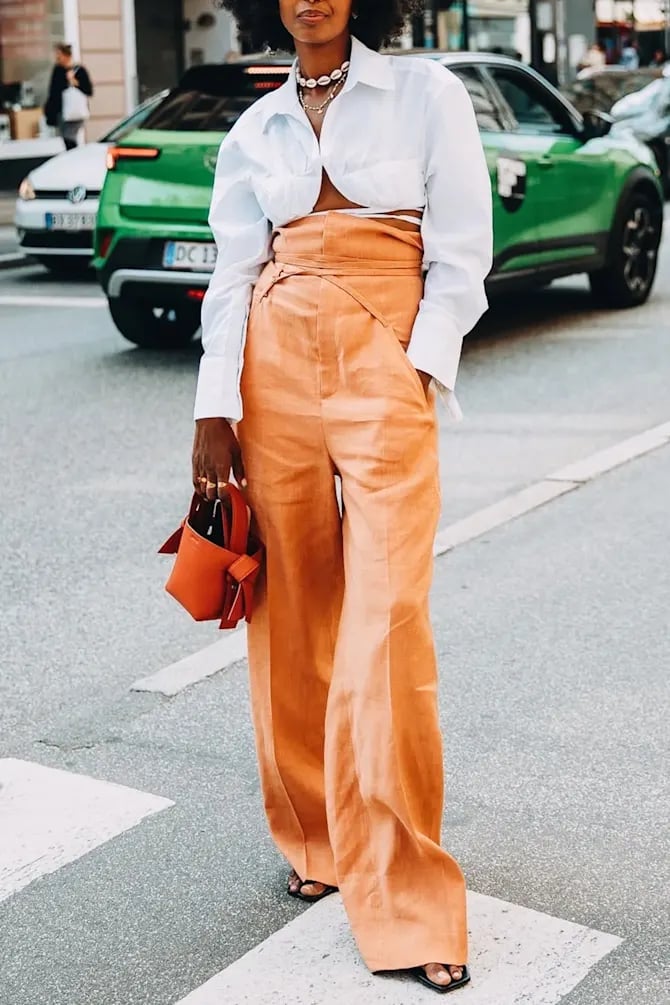 Orange Linen Trousers with White Cropped Shirt Orange Linen Trousers with White Cropped Shirt — Orange Outfits