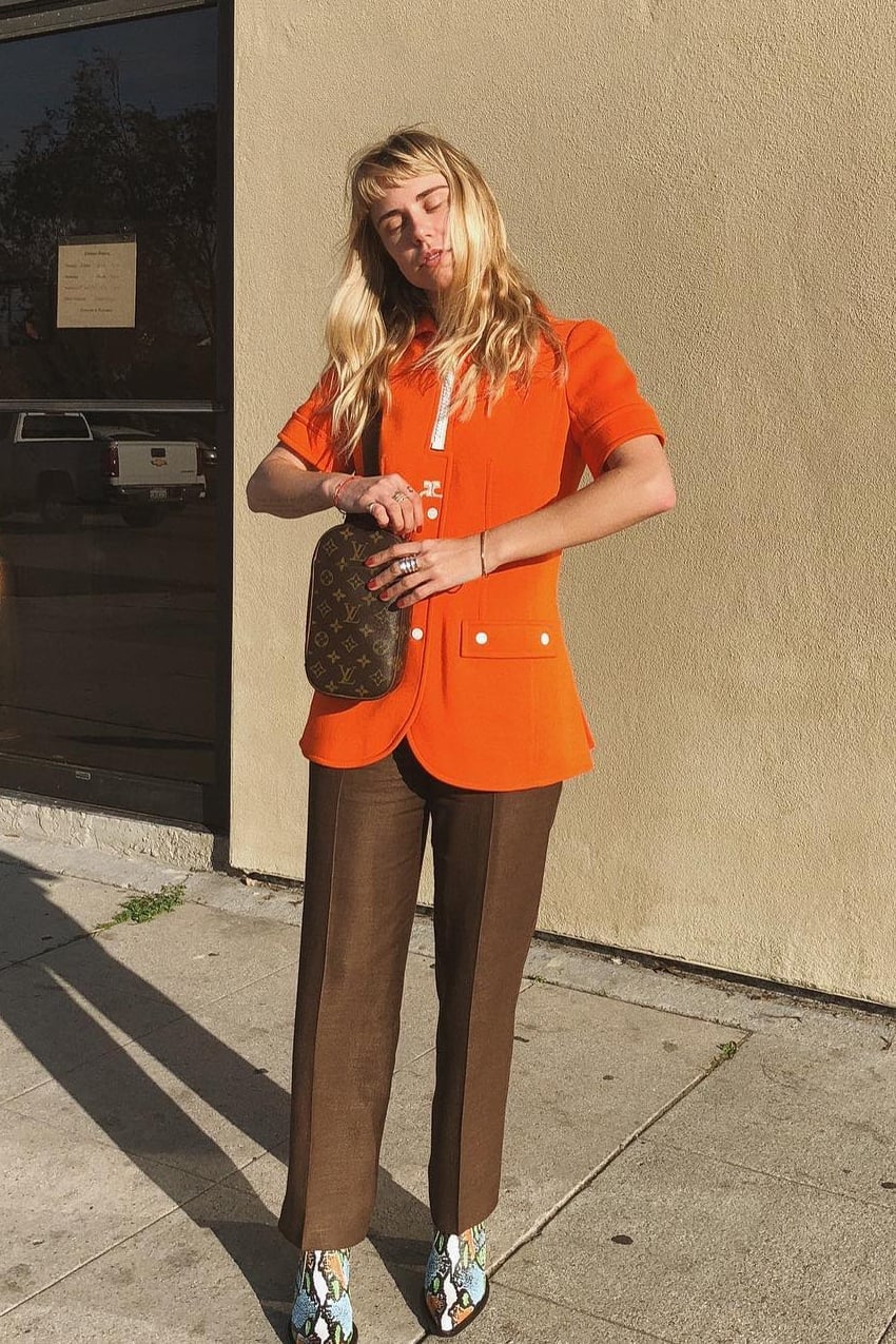 Short Sleeve Orange Blazer with Brown Trousers Short Sleeve Orange Blazer with Brown Trousers — Orange Outfits
