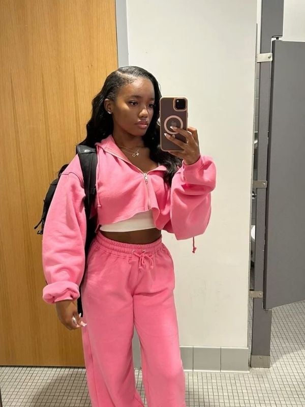 Pink Cropped Hoodie With Matching Sweatpants, Close-Up Take Pink Cropped Hoodie With Matching Sweatpants, Close-Up Take — Outfits for Teens