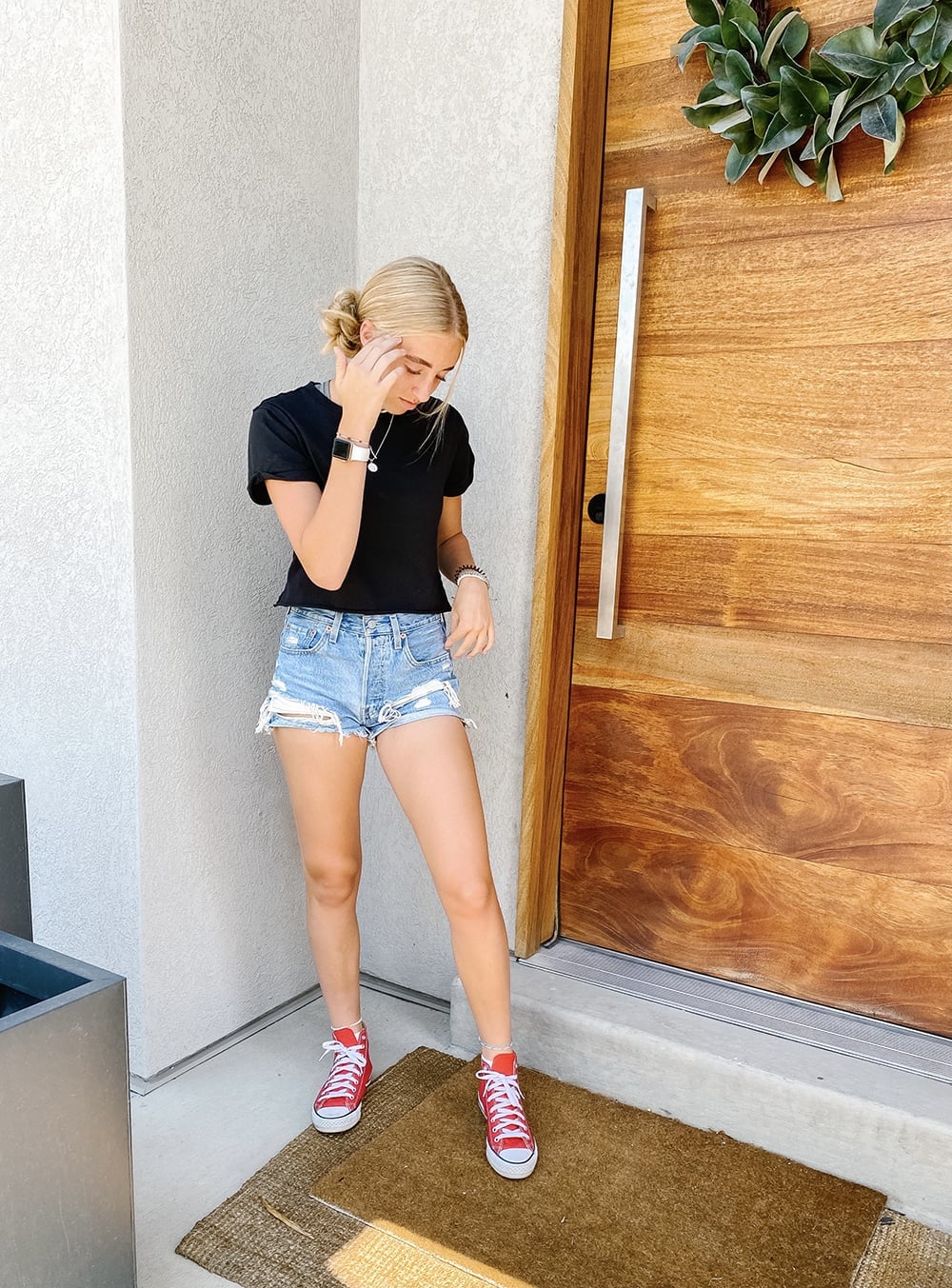 Distressed Denim Shorts With Cropped T-Shirt Distressed Denim Shorts With Cropped T-Shirt — Outfits for Teens