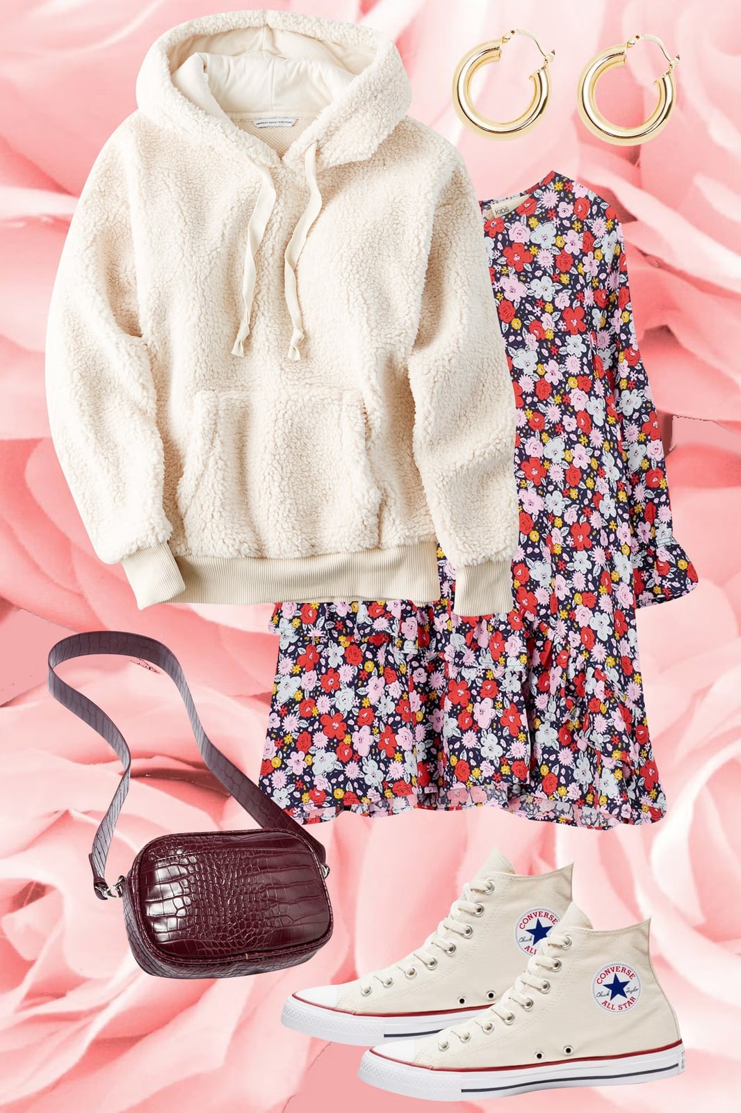 Fuzzy Hoodie Over Floral Print Dress Fuzzy Hoodie Over Floral Print Dress — Outfits for Teens