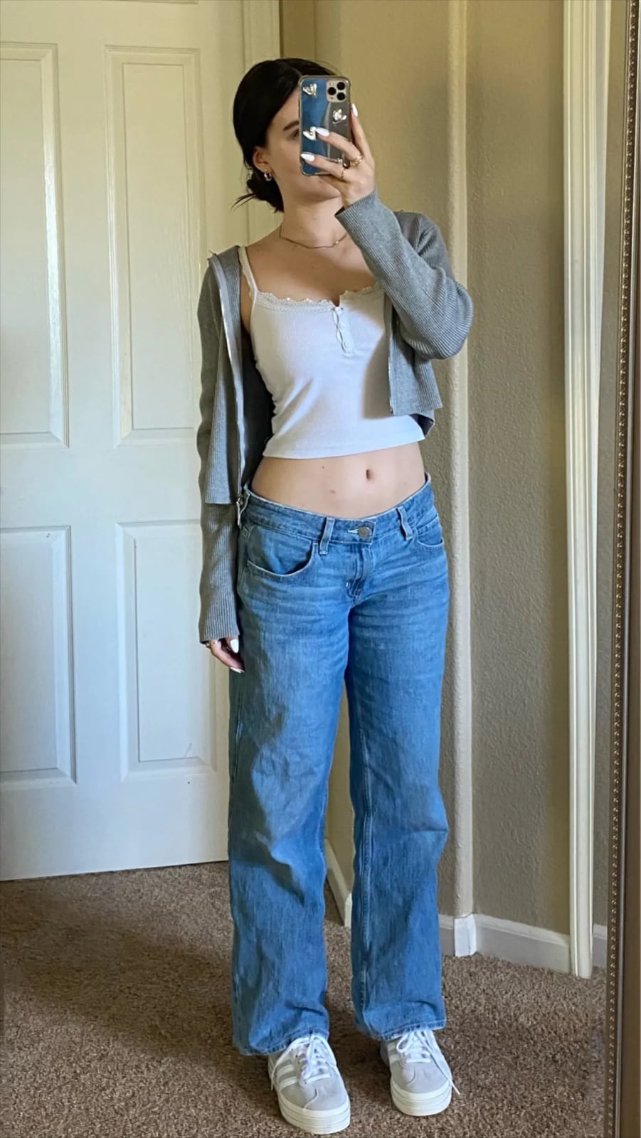 Gray Cardigan Over Cropped Tank With Baggy Jeans Gray Cardigan Over Cropped Tank With Baggy Jeans — Outfits for Teens
