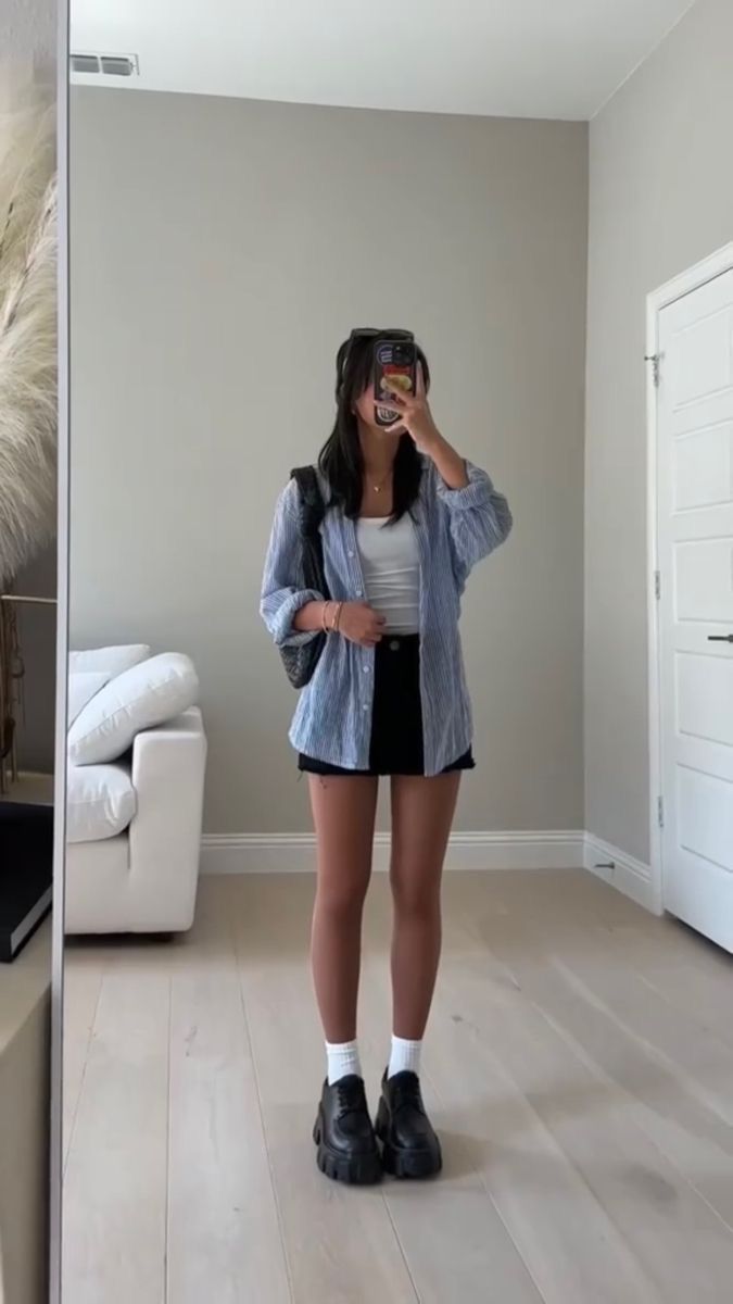 Striped Shirt Over Tank With Mini Skirt Striped Shirt Over Tank With Mini Skirt — Outfits for Teens