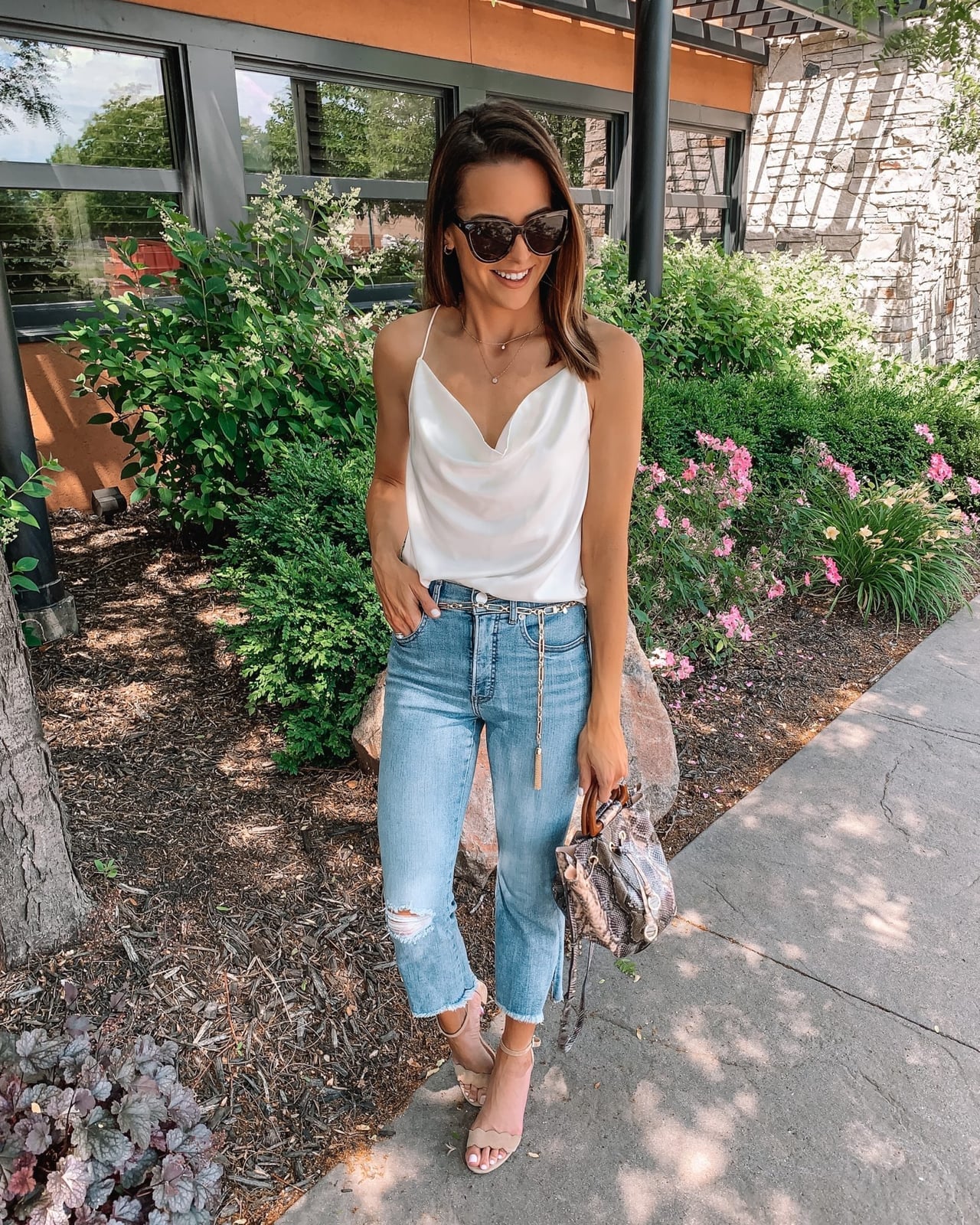 Cowl Neck Camisole With Ripped Jeans, Nude Heeled Sandals Cowl Neck Camisole With Ripped Jeans, Nude Heeled Sandals — Outfits for Teens