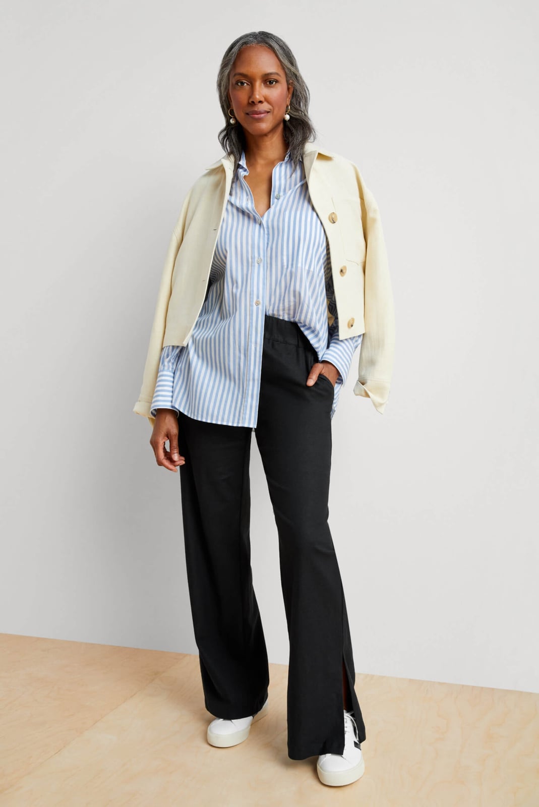 Black wide-leg trousers with striped button-down shirt Black wide-leg trousers with striped button-down shirt — Outfits for Women Over 50