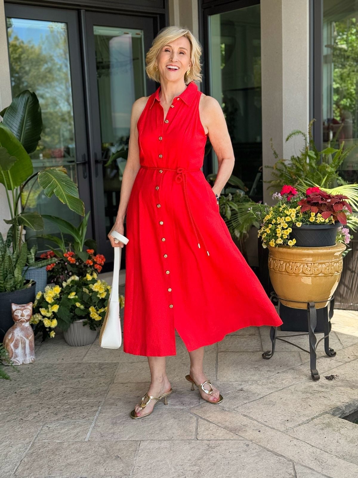 Bright red linen button-front dress with belt Bright red linen button-front dress with belt — Outfits for Women Over 50
