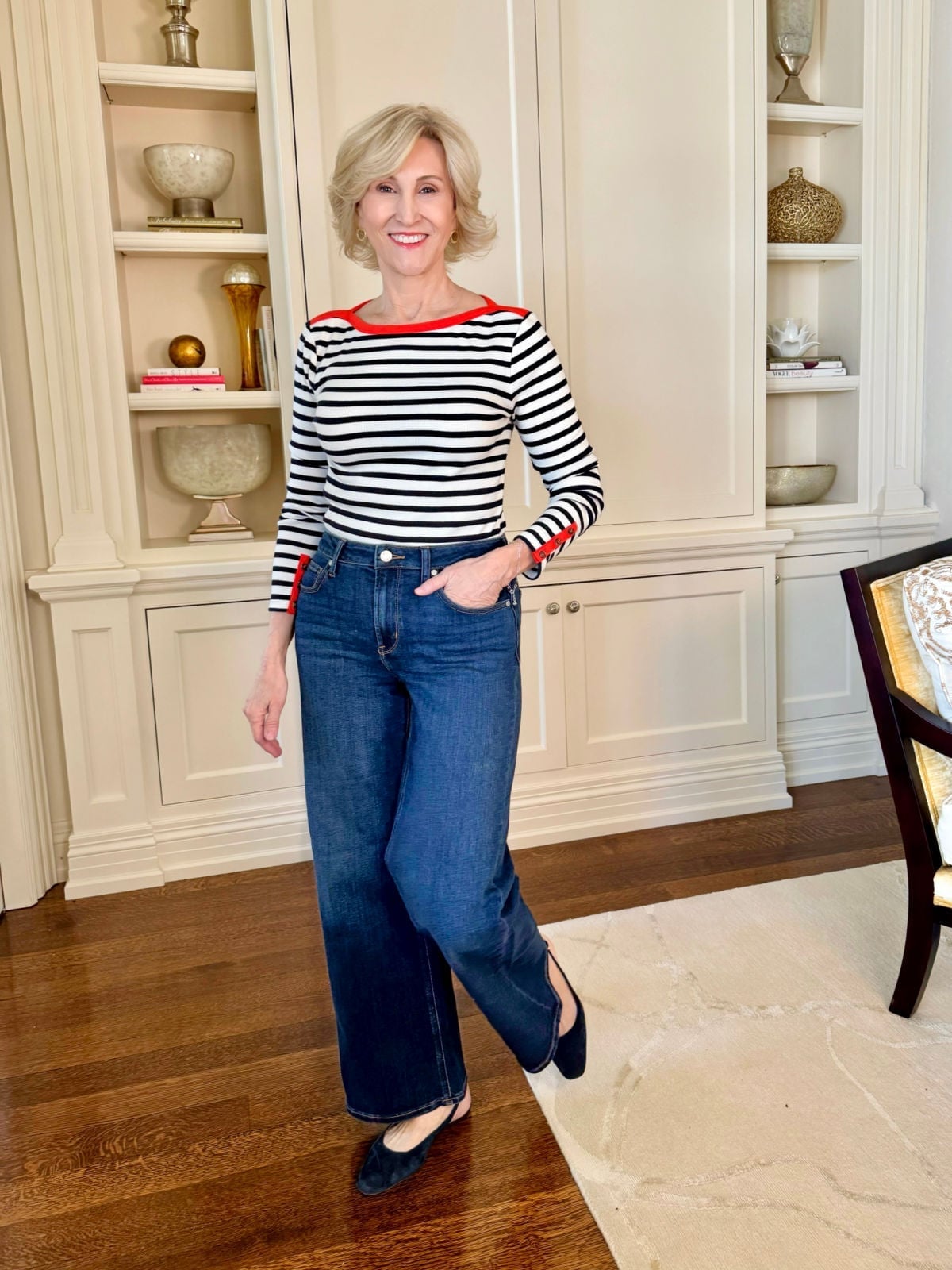 Striped long-sleeve top with red collar detail Striped long-sleeve top with red collar detail — Outfits for Women Over 50