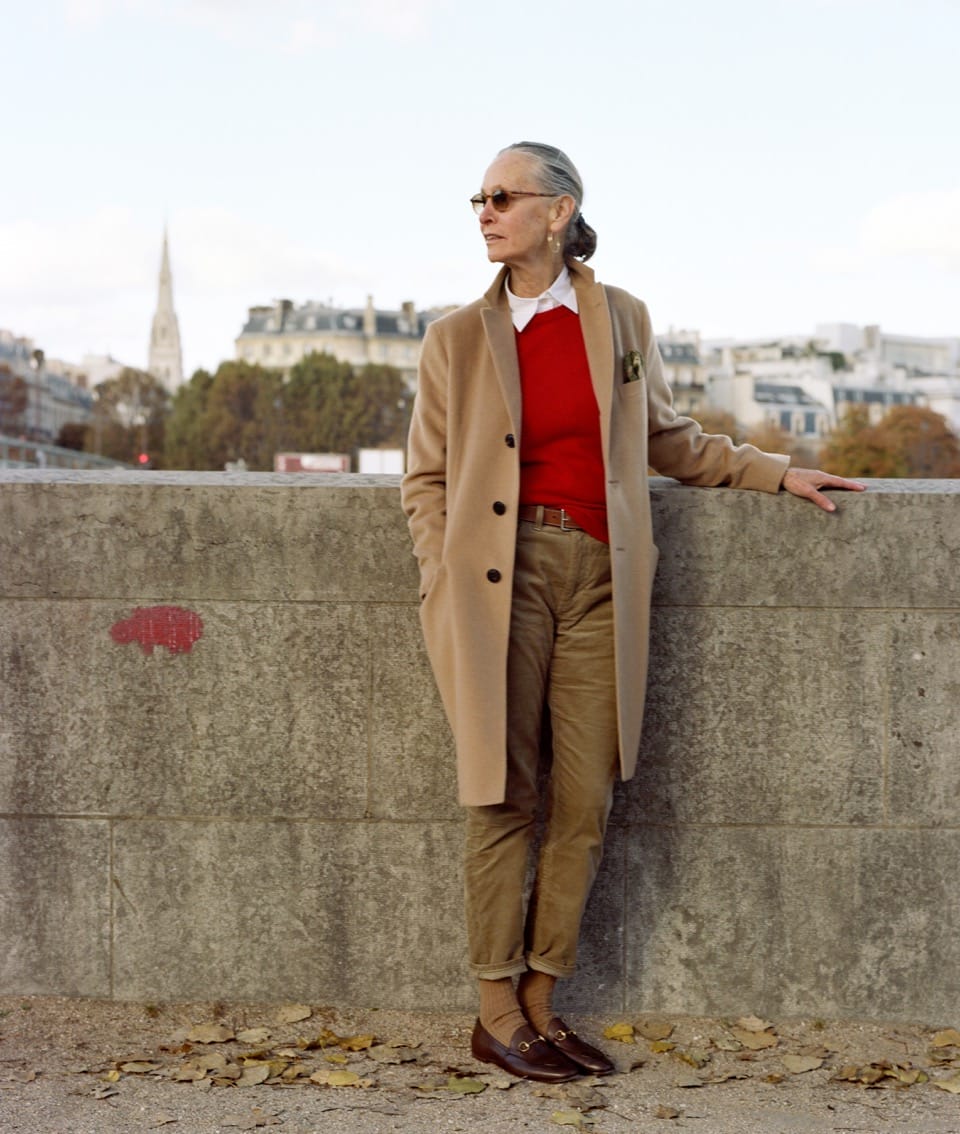 Camel overcoat with red sweater and tan corduroy trousers Camel overcoat with red sweater and tan corduroy trousers — Outfits for Women Over 50