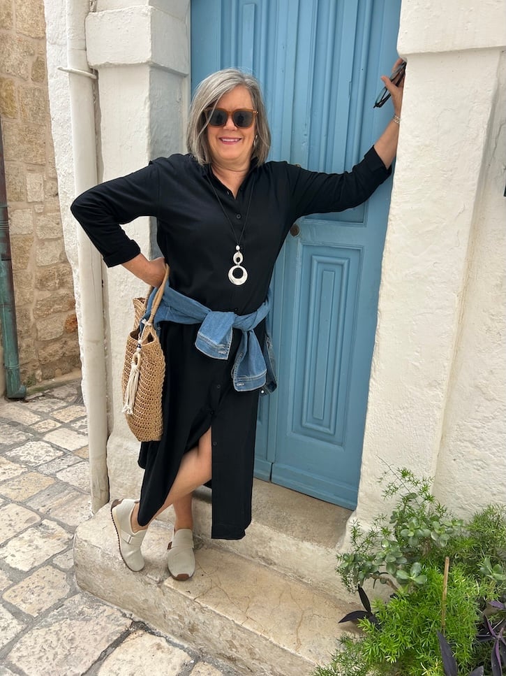 Black midi dress with denim jacket tied at waist Black midi dress with denim jacket tied at waist — Outfits for Women Over 50