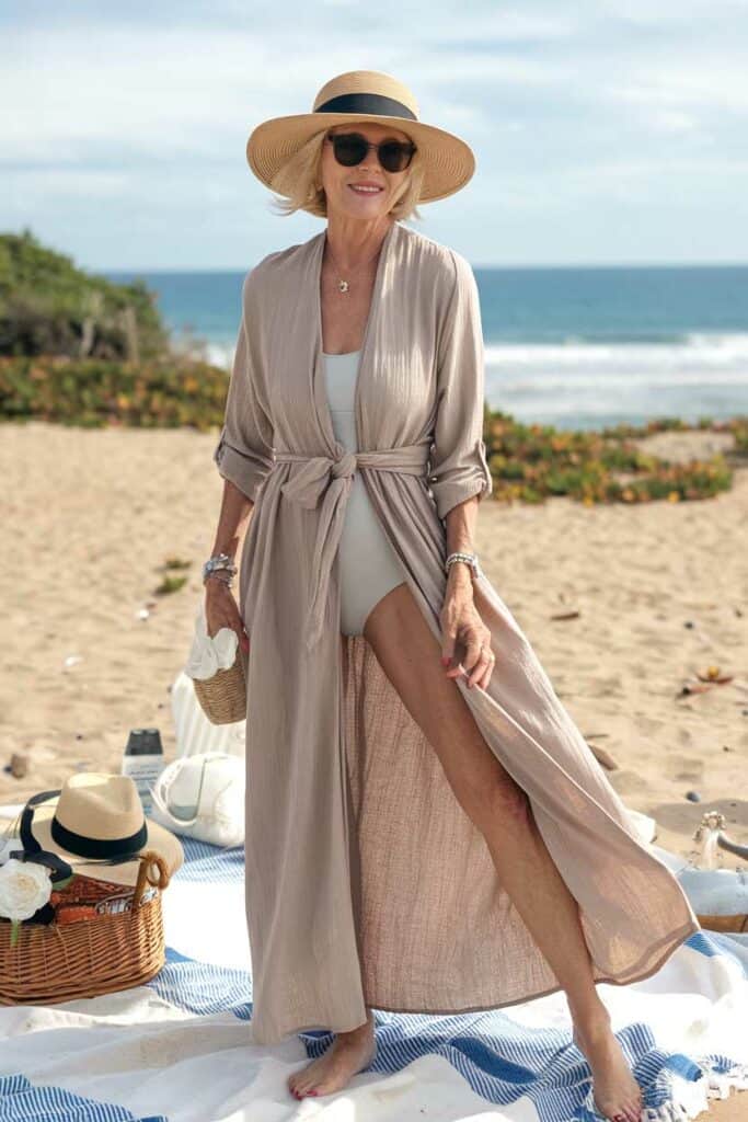 Beige tie-waist duster over swimsuit Beige tie-waist duster over swimsuit — Outfits for Women Over 50