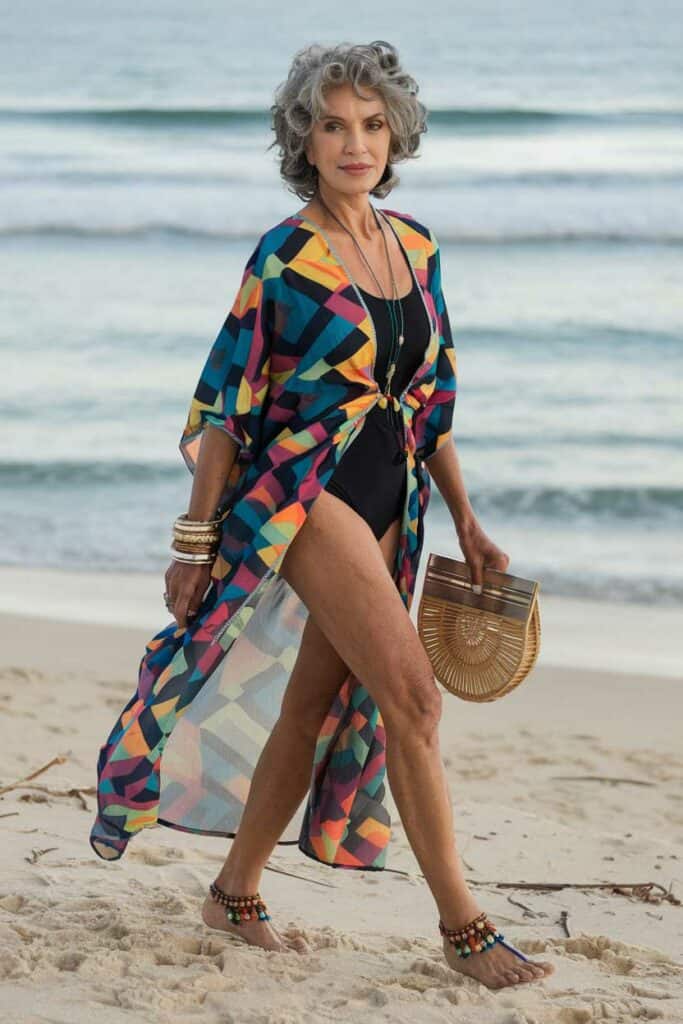 Geometric print kimono over a black swimsuit Geometric print kimono over a black swimsuit — Outfits for Women Over 50