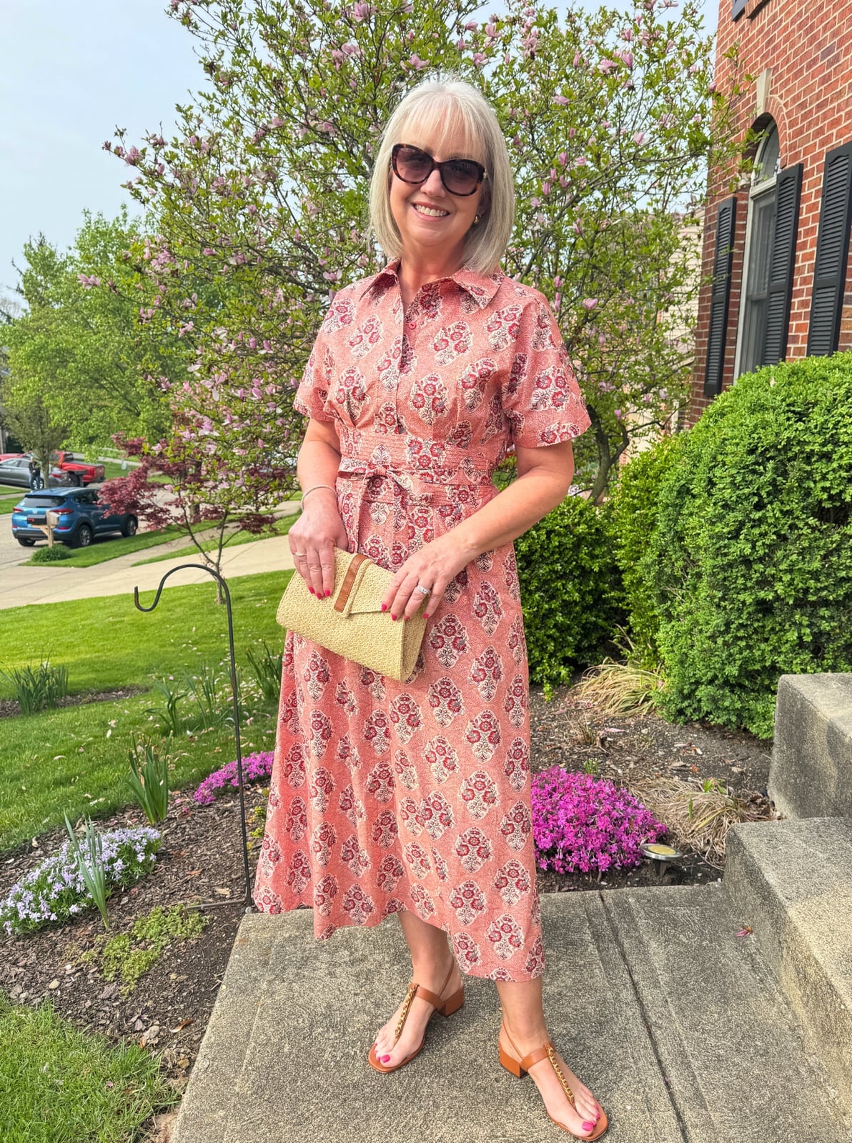 Coral pink floral print shirt dress with belt Coral pink floral print shirt dress with belt — Outfits for Women Over 50