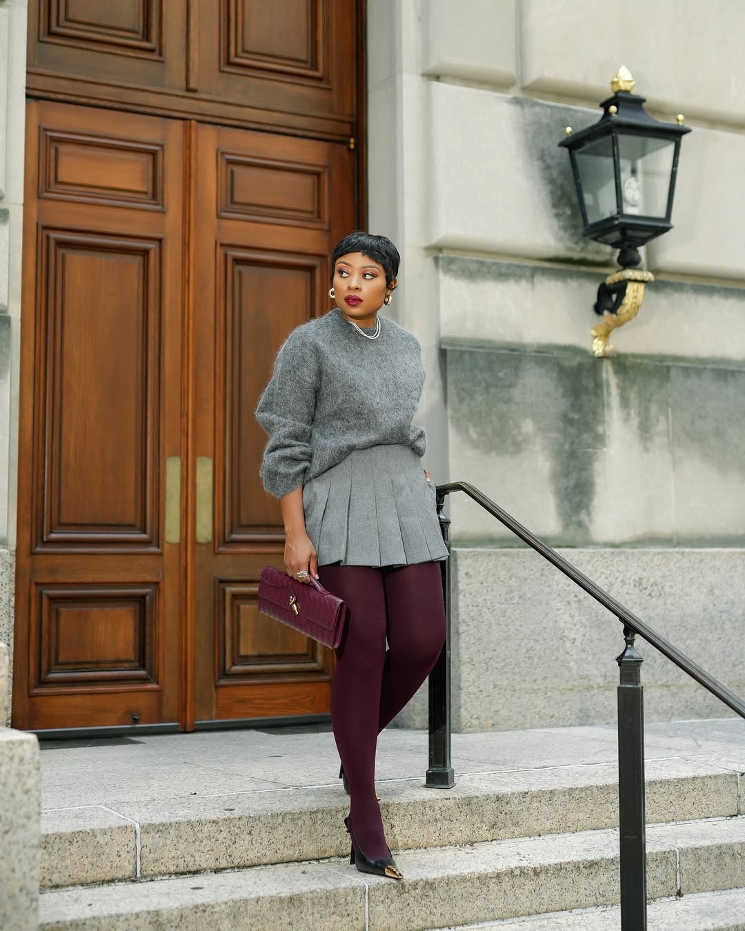 Gray fuzzy sweater with burgundy opaque tights Gray fuzzy sweater with burgundy opaque tights — Outfits with Tights