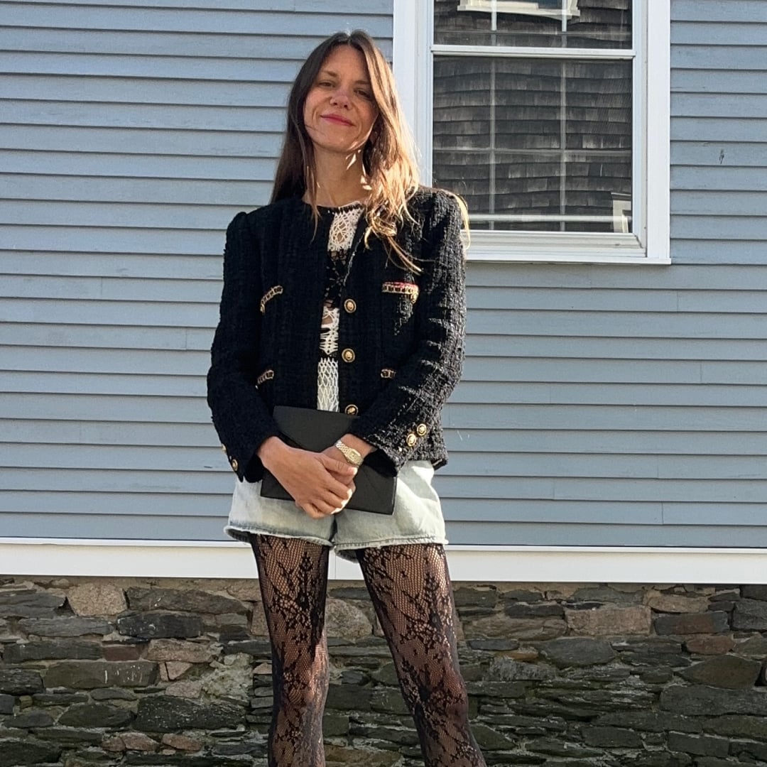 Denim shorts with black lace tights and tweed jacket Denim shorts with black lace tights and tweed jacket — Outfits with Tights