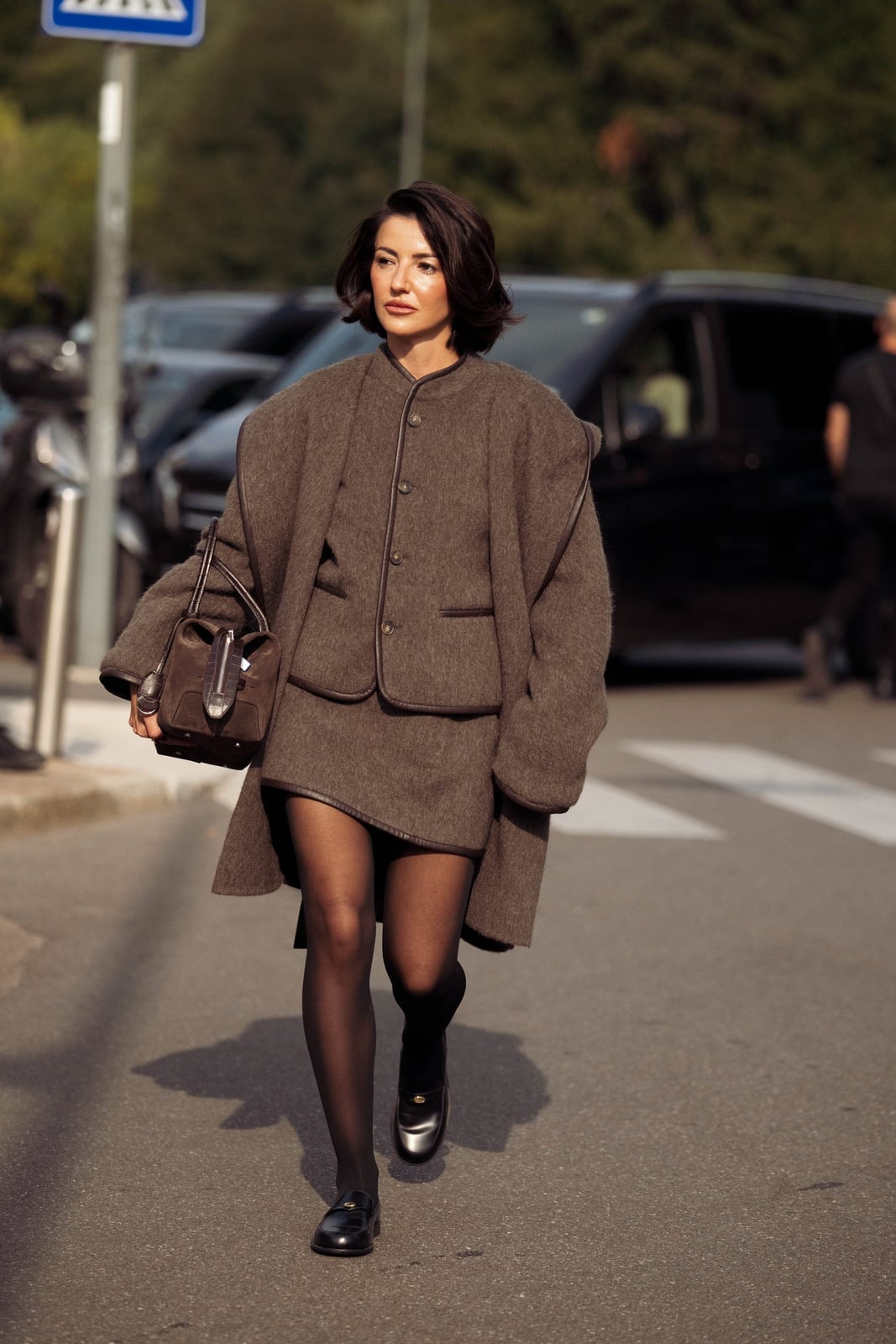 Tweed skirt suit with opaque black tights Tweed skirt suit with opaque black tights — Outfits with Tights