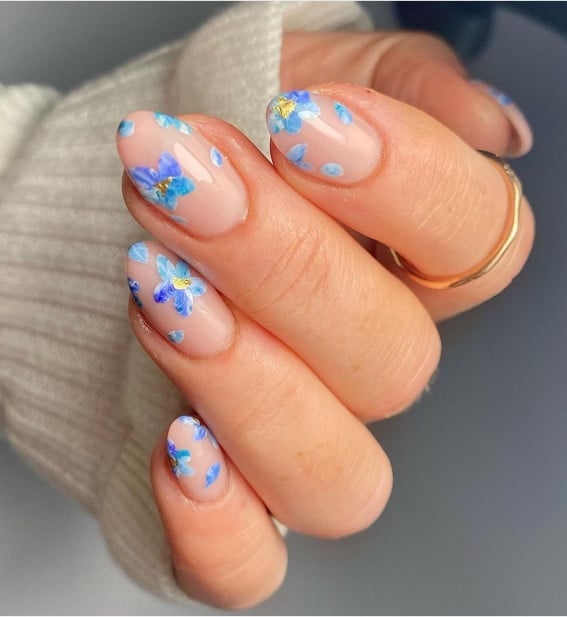 Nude Oval Nails With Blue Floral Decals Nude Oval Nails With Blue Floral Decals
