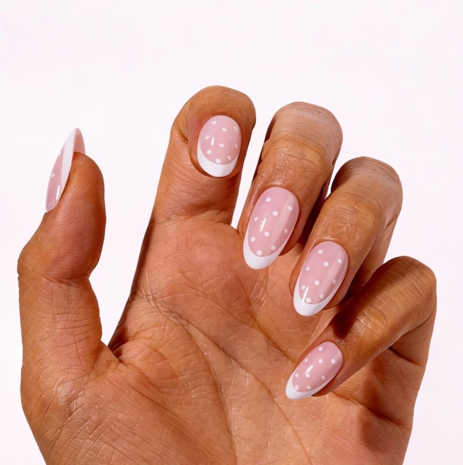 Pale Pink Oval Nails With Polka Dot French Pale Pink Oval Nails With Polka Dot French