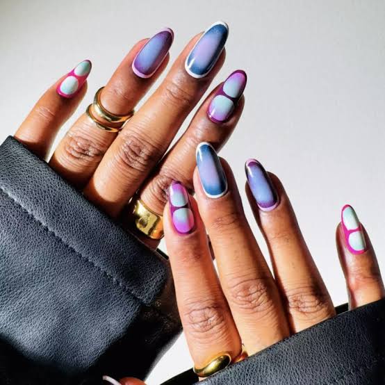 Burgundy And Pink Oval Nails With Flowers Burgundy And Pink Oval Nails With Flowers
