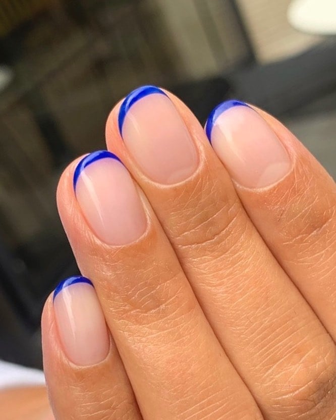 Sheer Pink Oval Nails With Blue French Tips, Glossy Sheer Pink Oval Nails With Blue French Tips, Glossy