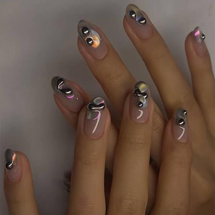 Pale Ivory Iridescent Shimmer Medium Oval Nails, Close-Up Take Pale Ivory Iridescent Shimmer Medium Oval Nails, Close-Up Take