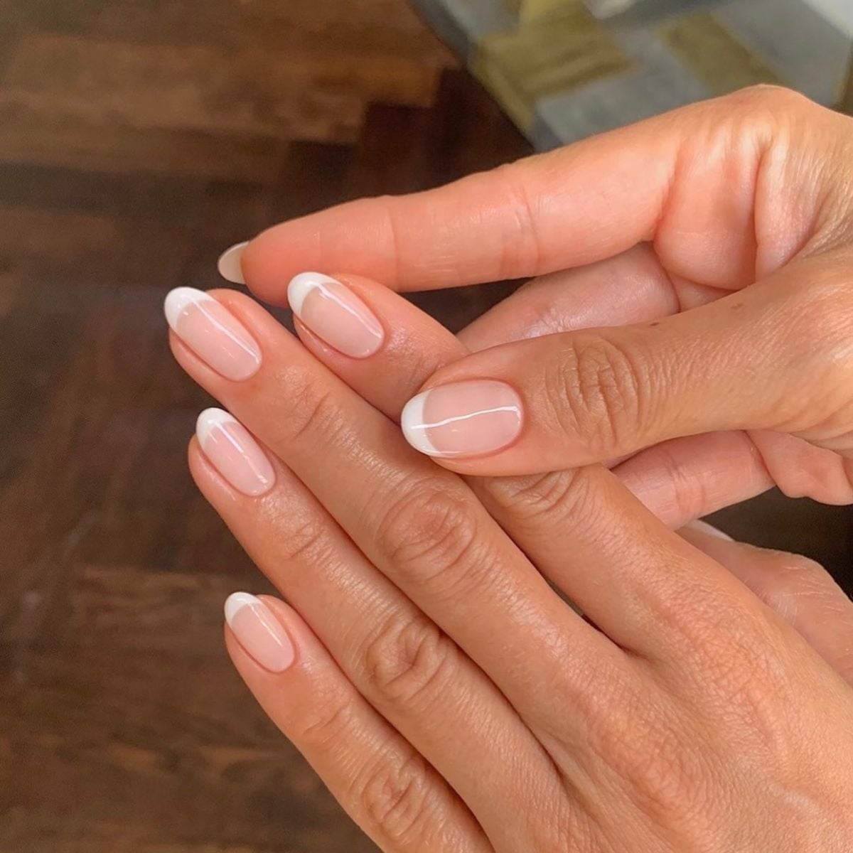 Classic French Short Oval Nails, Sheer Pink Base Classic French Short Oval Nails, Sheer Pink Base