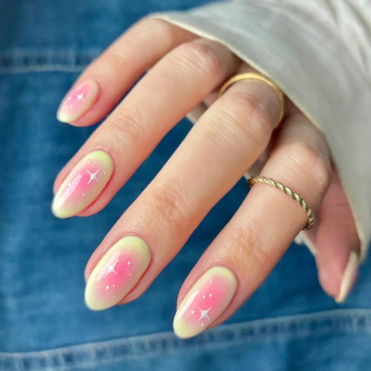 Milky White Oval Nails With Dried Flowers, Yellow To Pink Gradient Milky White Oval Nails With Dried Flowers, Yellow To Pink Gradient