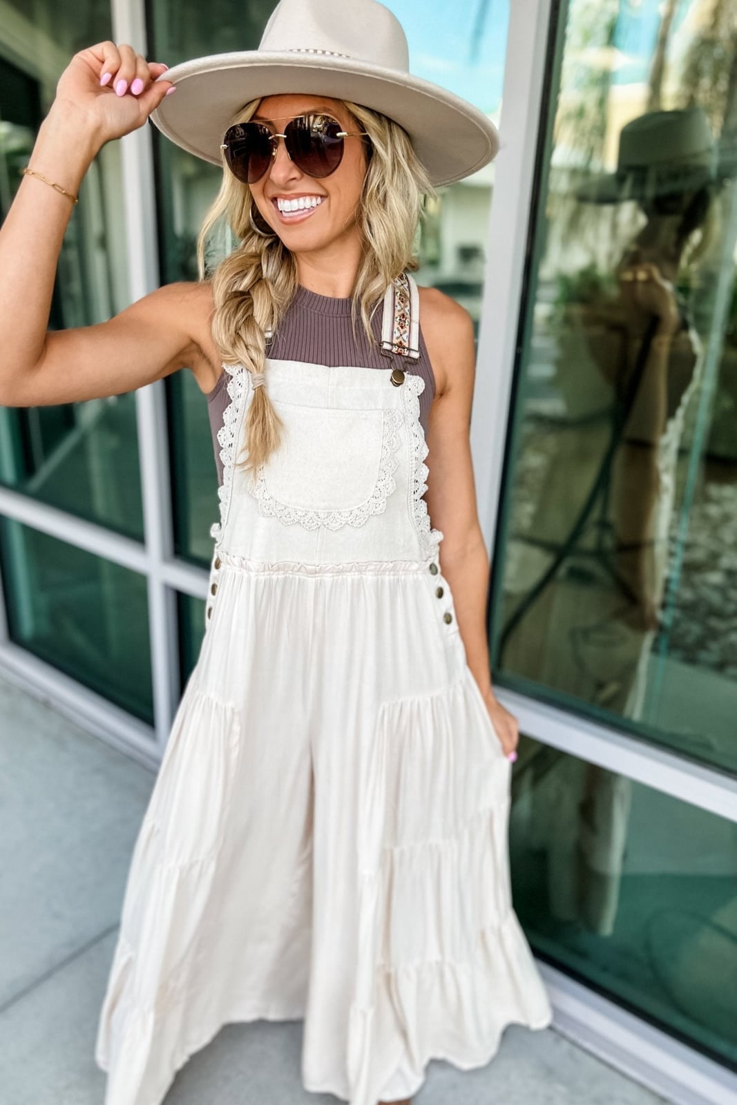 Lace trim overalls with a brown tank top and hat Lace trim overalls with a brown tank top and hat — Overalls Outfits