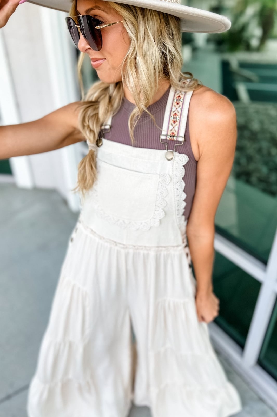 Cream lace trim overalls with a brown tank top, Wide Leg Cream lace trim overalls with a brown tank top, Wide Leg — Overalls Outfits