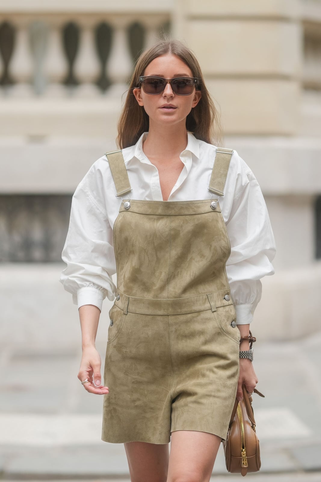 Olive suede short overalls with white button-down shirt Olive suede short overalls with white button-down shirt — Overalls Outfits