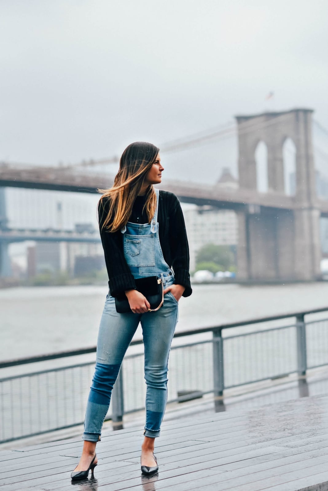 Patchwork denim overalls with a black knit sweater Patchwork denim overalls with a black knit sweater — Overalls Outfits