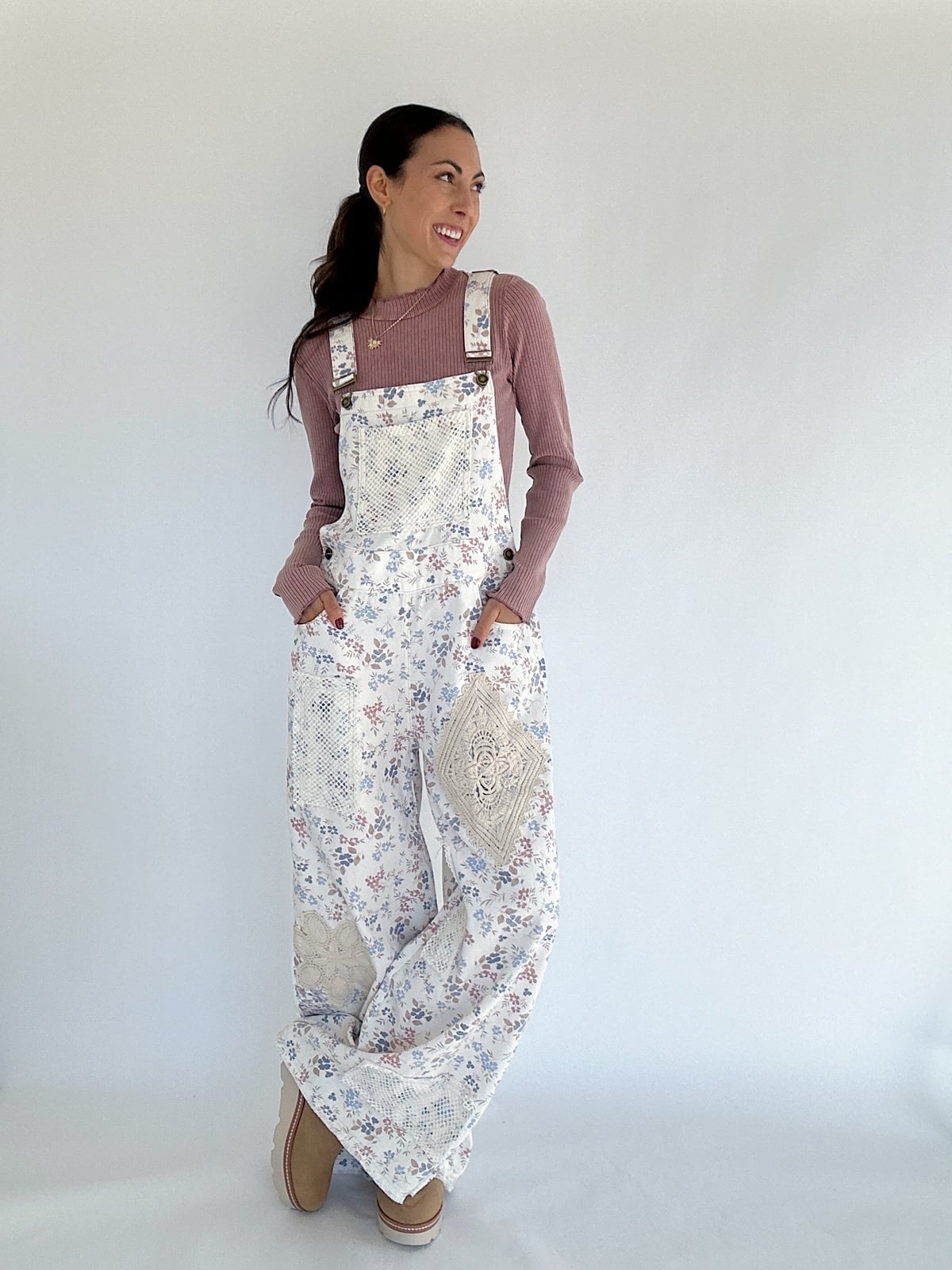 White floral overalls with mauve knit top White floral overalls with mauve knit top — Overalls Outfits