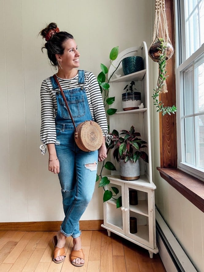Ripped denim overalls with a striped top and slide sandals Ripped denim overalls with a striped top and slide sandals — Overalls Outfits