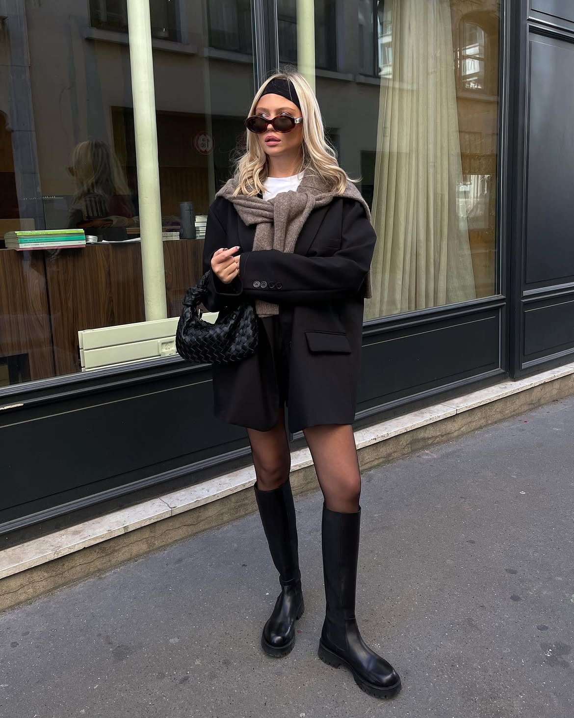 Oversized Black Blazer And Knee High Boots Outfit