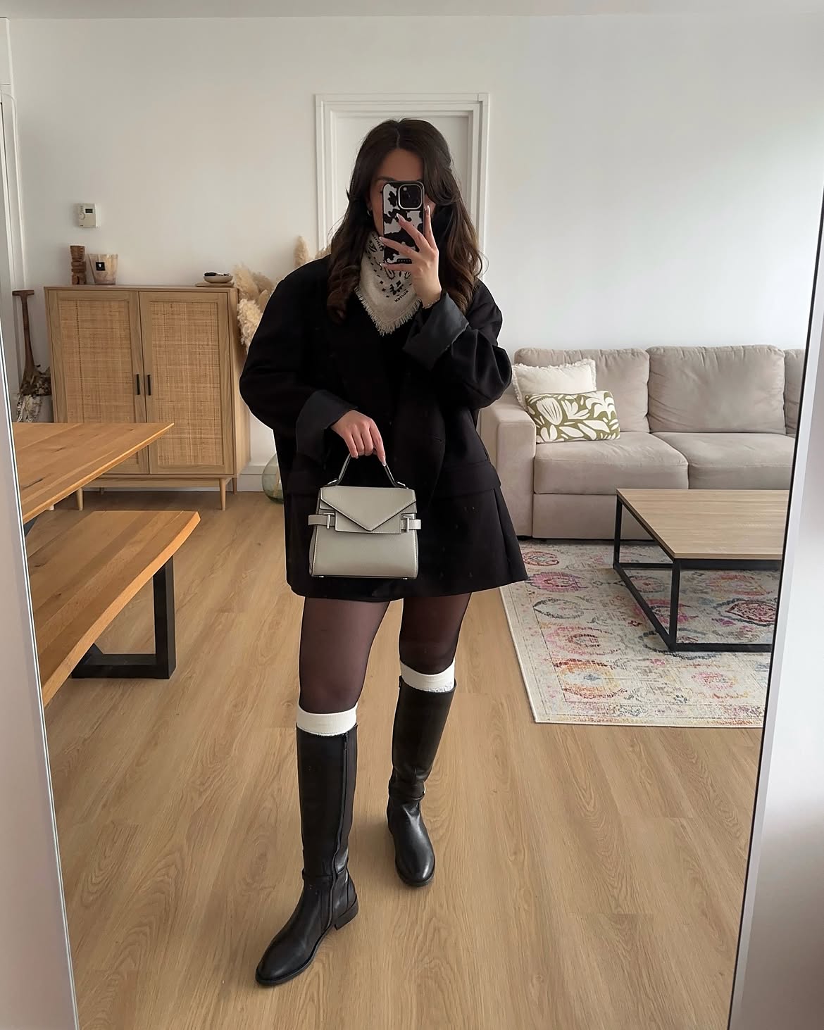 Oversized Black Blazer With Knee High Boots And Scarf